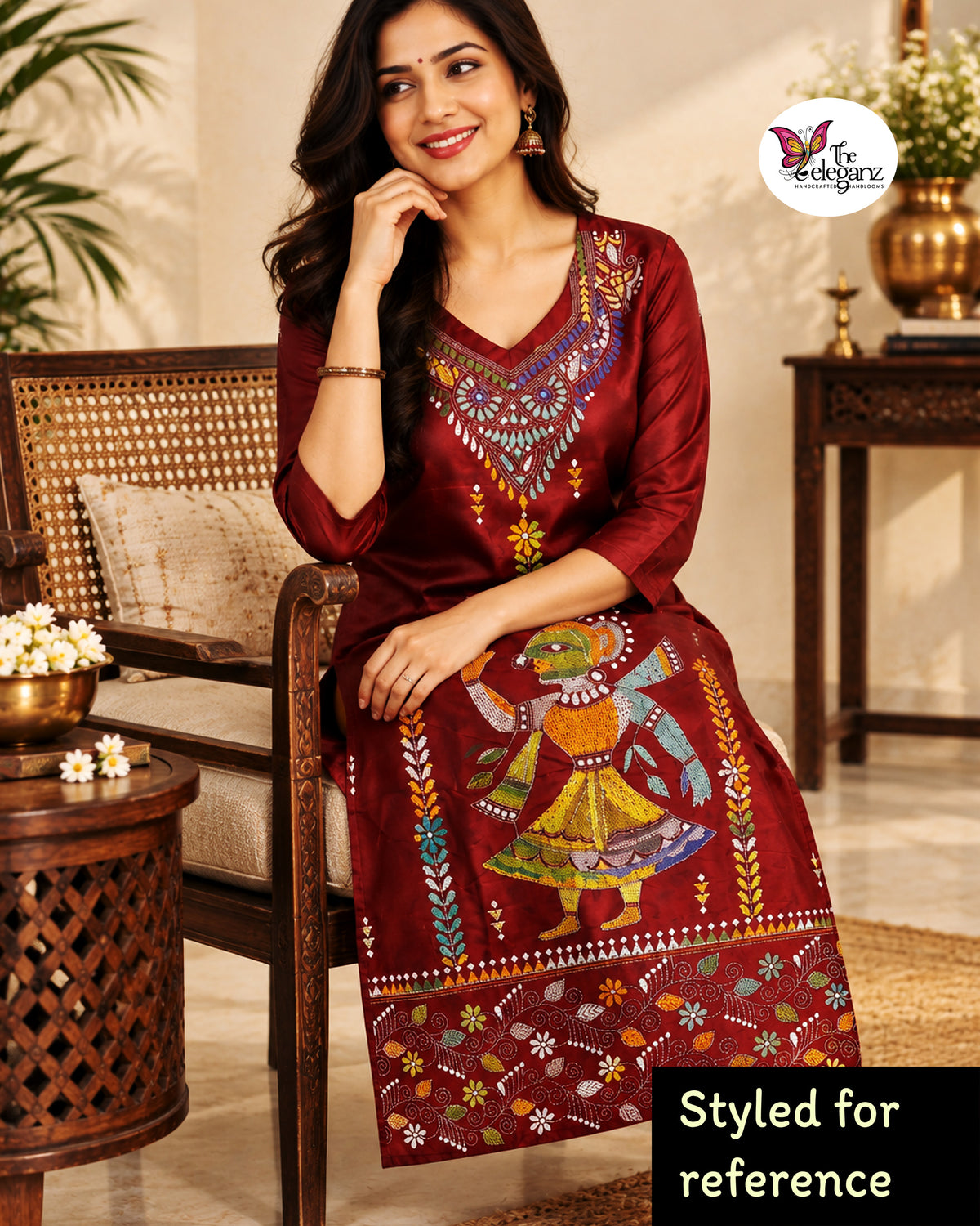 Nritya – Maroon Blended Bangalore Silk Hand Kantha Kurti Piece