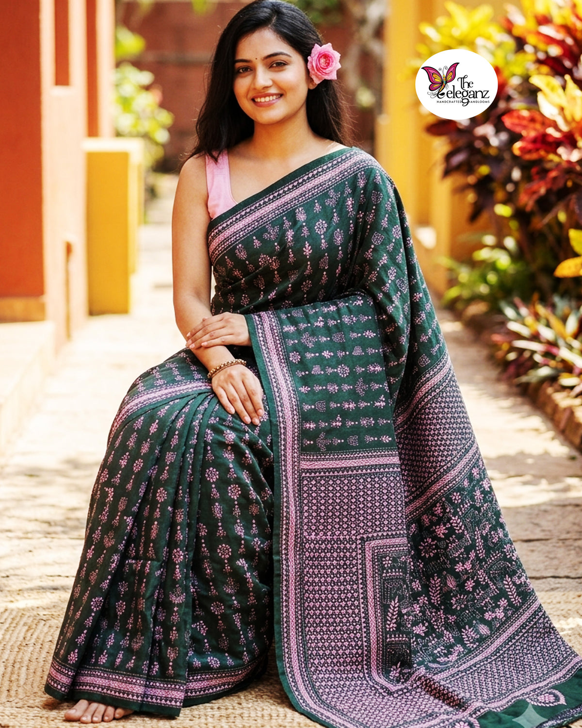 Banolota – Bottle Green Warli Folk Kantha Blended Bangalore Silk Saree