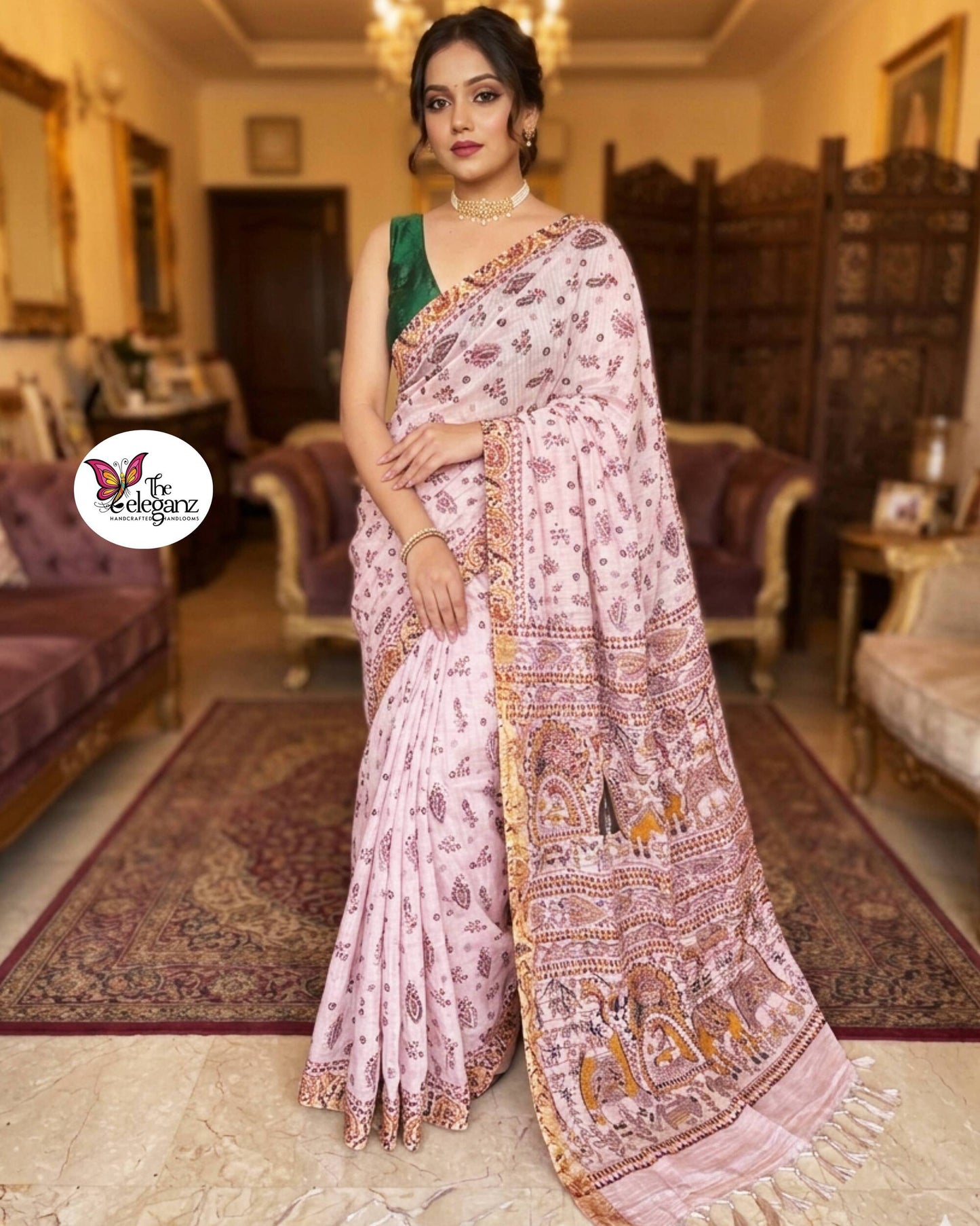 Madhubani Varnika Bhagalpuri cotton silk saree (Light Pink)