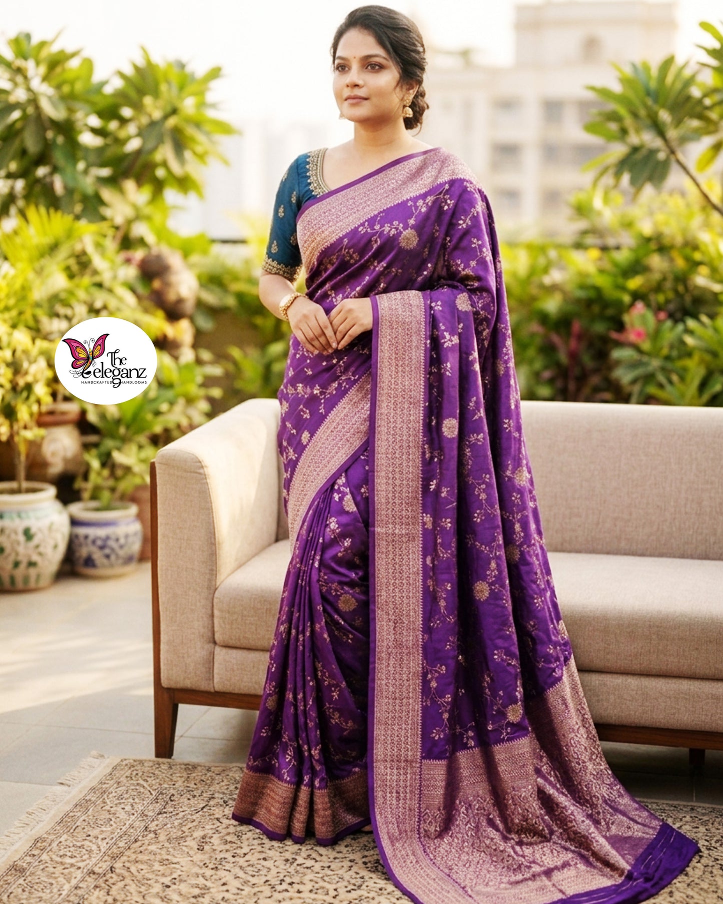 Woman draped in royal purple Semi Mashroo Silk Banarasi saree with floral gold zari weaving and rich Banarasi pallu.