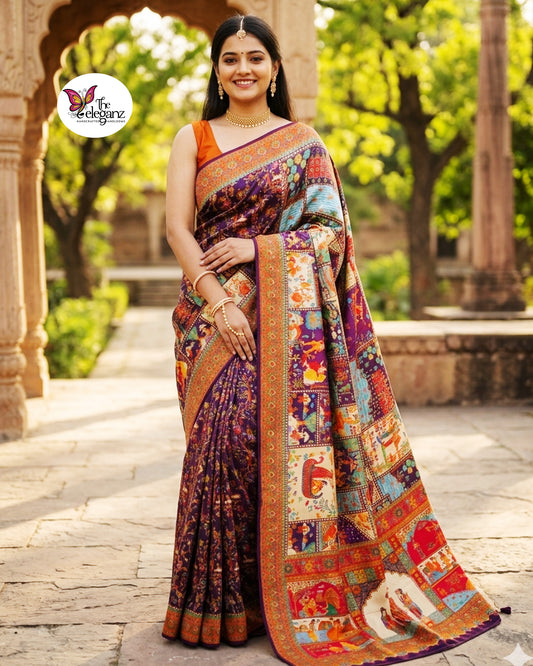 Woman wearing a royal purple Kanni Silk saree featuring intricate Ramayana-inspired woven story panels, mythological motifs, heritage artwork, and a grand decorative pallu with matching blouse piece.
This Ramayana angle will perform significantly better in search because people actively search terms like Ramayana saree, mythological saree, temple saree, heritage silk saree, and religious occasion saree, whereas "woven work" alone is much less discoverable.