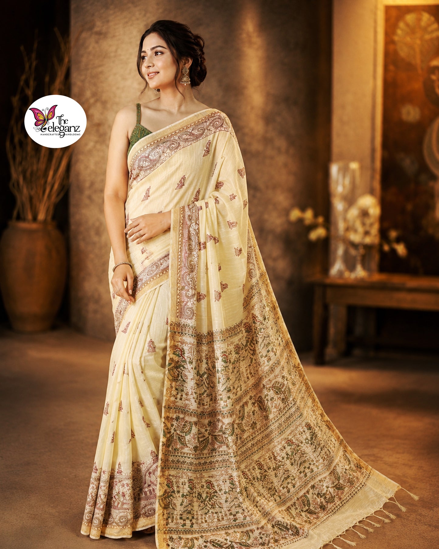 Woman draped in light lemon-yellow Cotton Silk Madhubani saree featuring traditional folk art figures, paisley motifs, and heritage-inspired decorative borders.