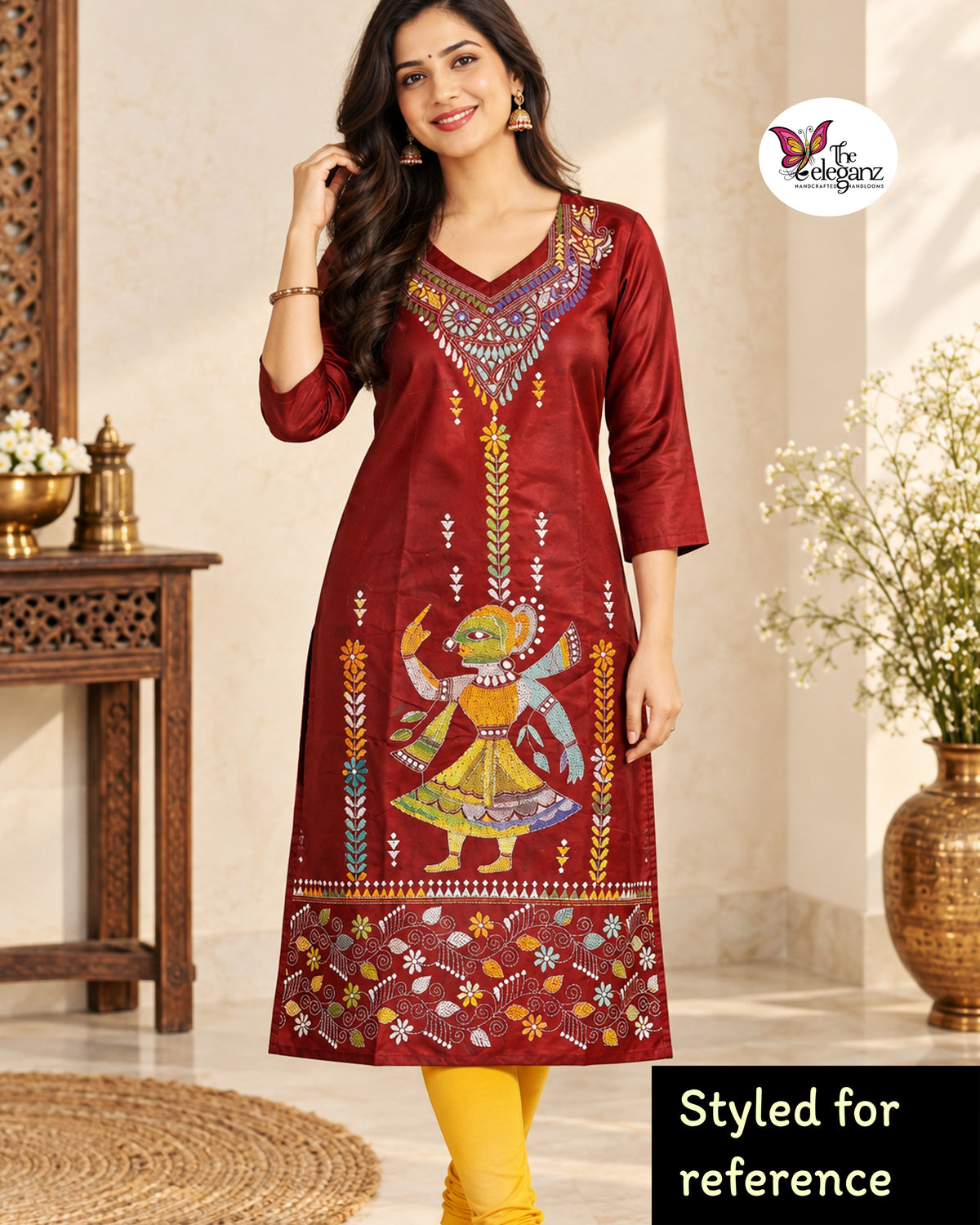 Nritya – Maroon Blended Bangalore Silk Hand Kantha Kurti Piece