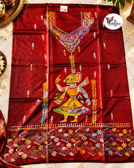 Nritya – Maroon Blended Bangalore Silk Hand Kantha Kurti Piece