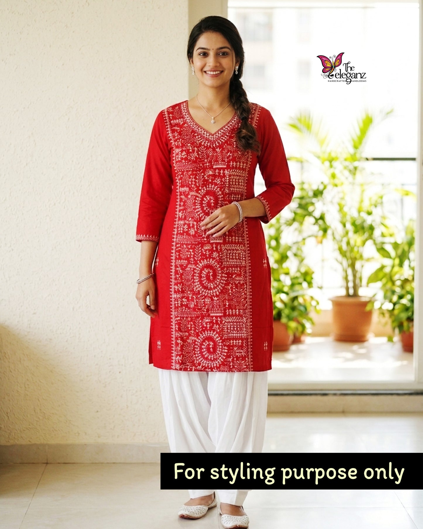 Labonya - Authentic Warli-Inspired Kantha Work Cotton Kamiz Piece (Maroon)