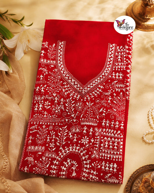 Labonya - Authentic Warli-Inspired Kantha Work Cotton Kamiz Piece (Maroon)