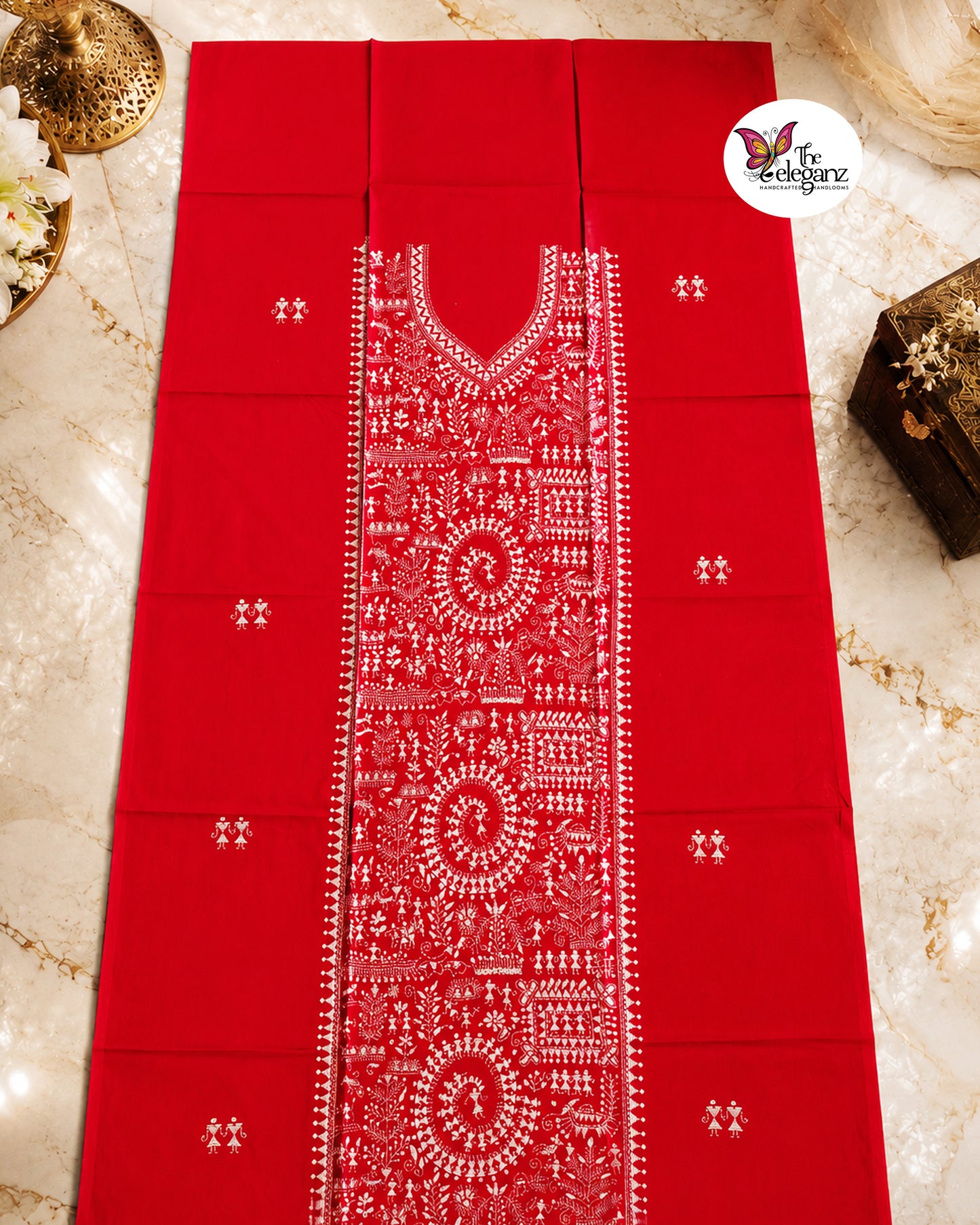 Labonya - Authentic Warli-Inspired Kantha Work Cotton Kamiz Piece (Maroon)
