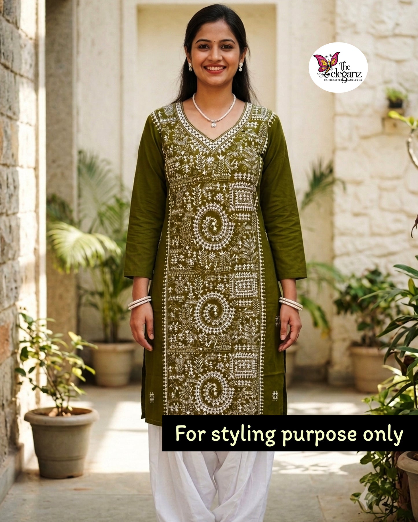 Aaranya – Olive Green Warli Kantha Cotton Kurti Piece