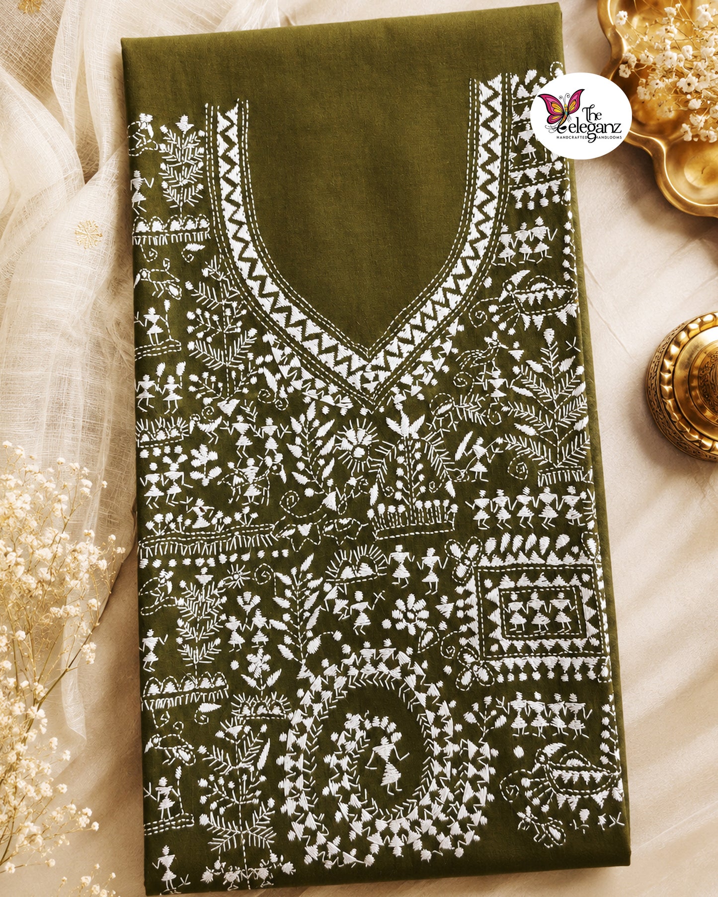 Aaranya – Olive Green Warli Kantha Cotton Kurti Piece
