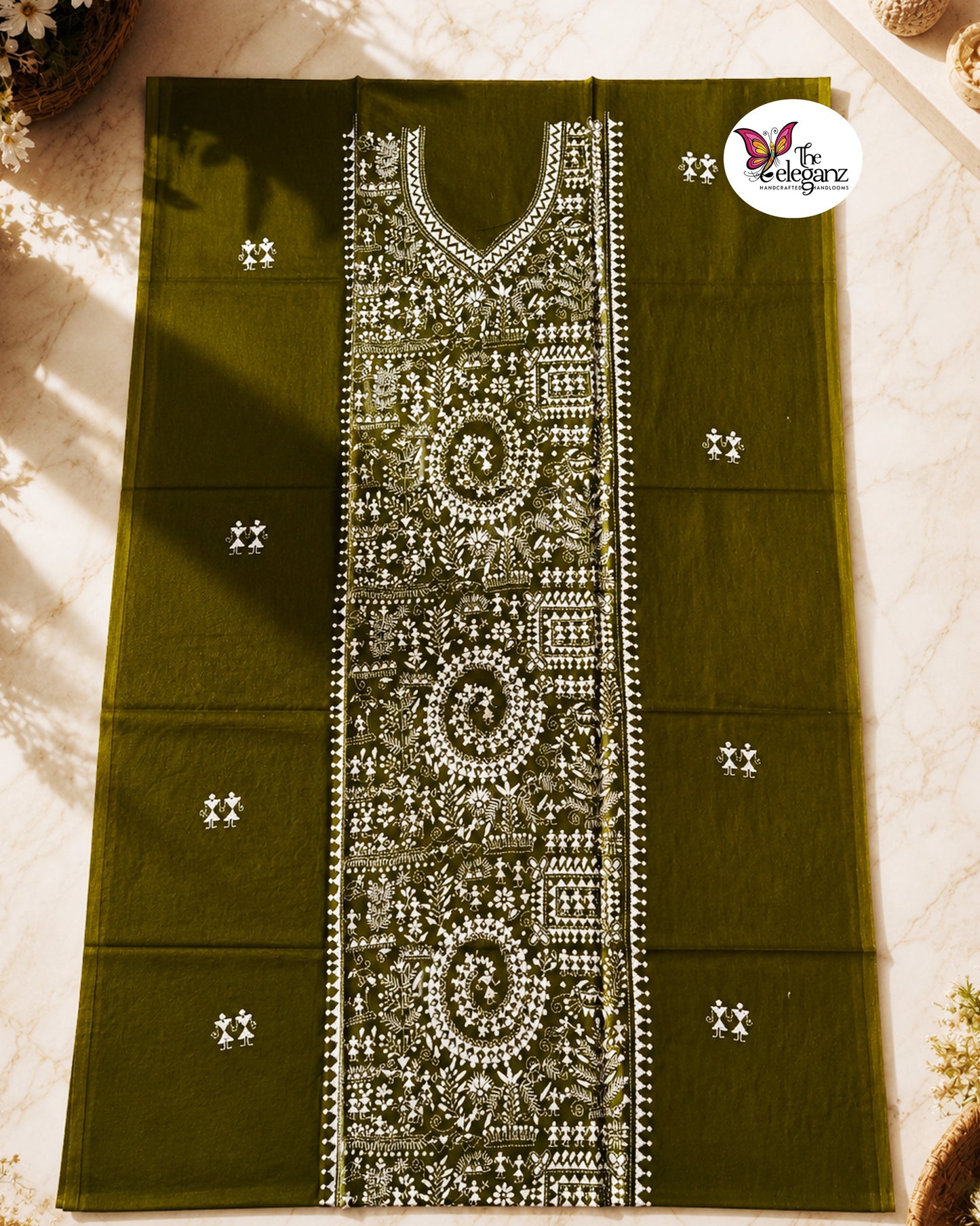 Aaranya – Olive Green Warli Kantha Cotton Kurti Piece