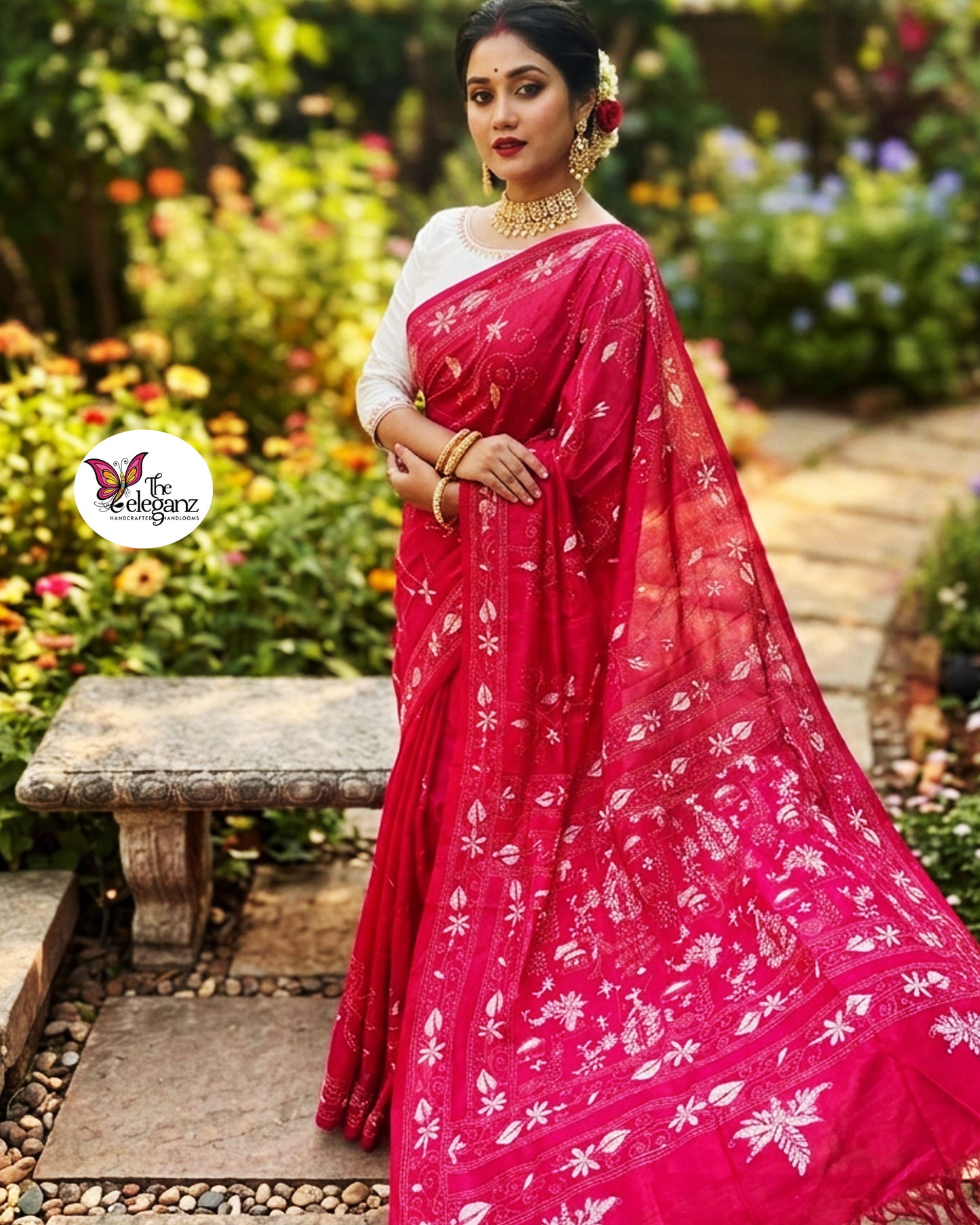 Ranganika Blended Bangalore Silk Kantha Saree (Hot Pink)