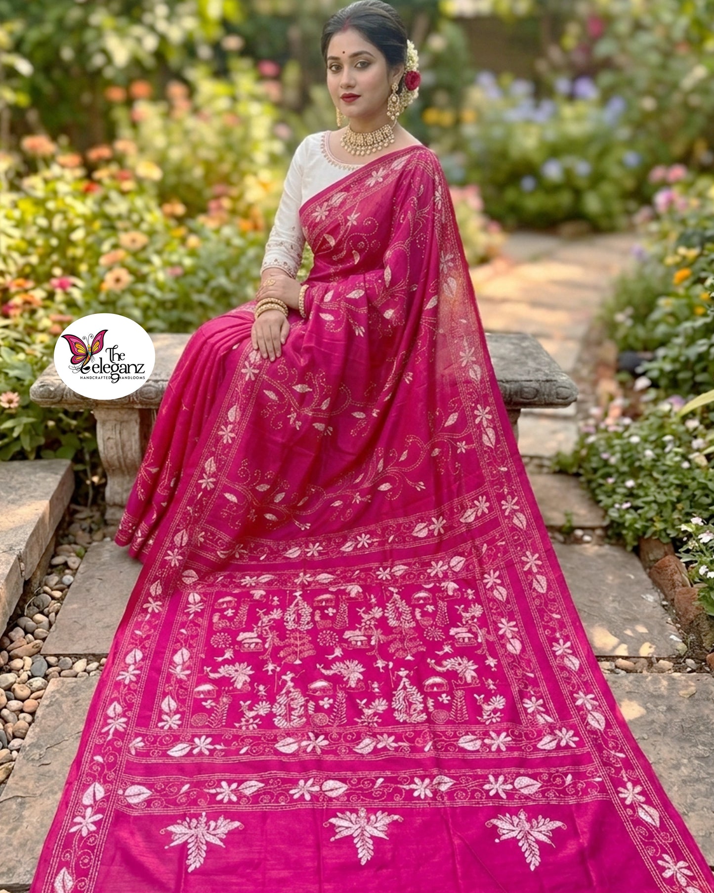 Ranganika Blended Bangalore Silk Kantha Saree (Hot Pink)