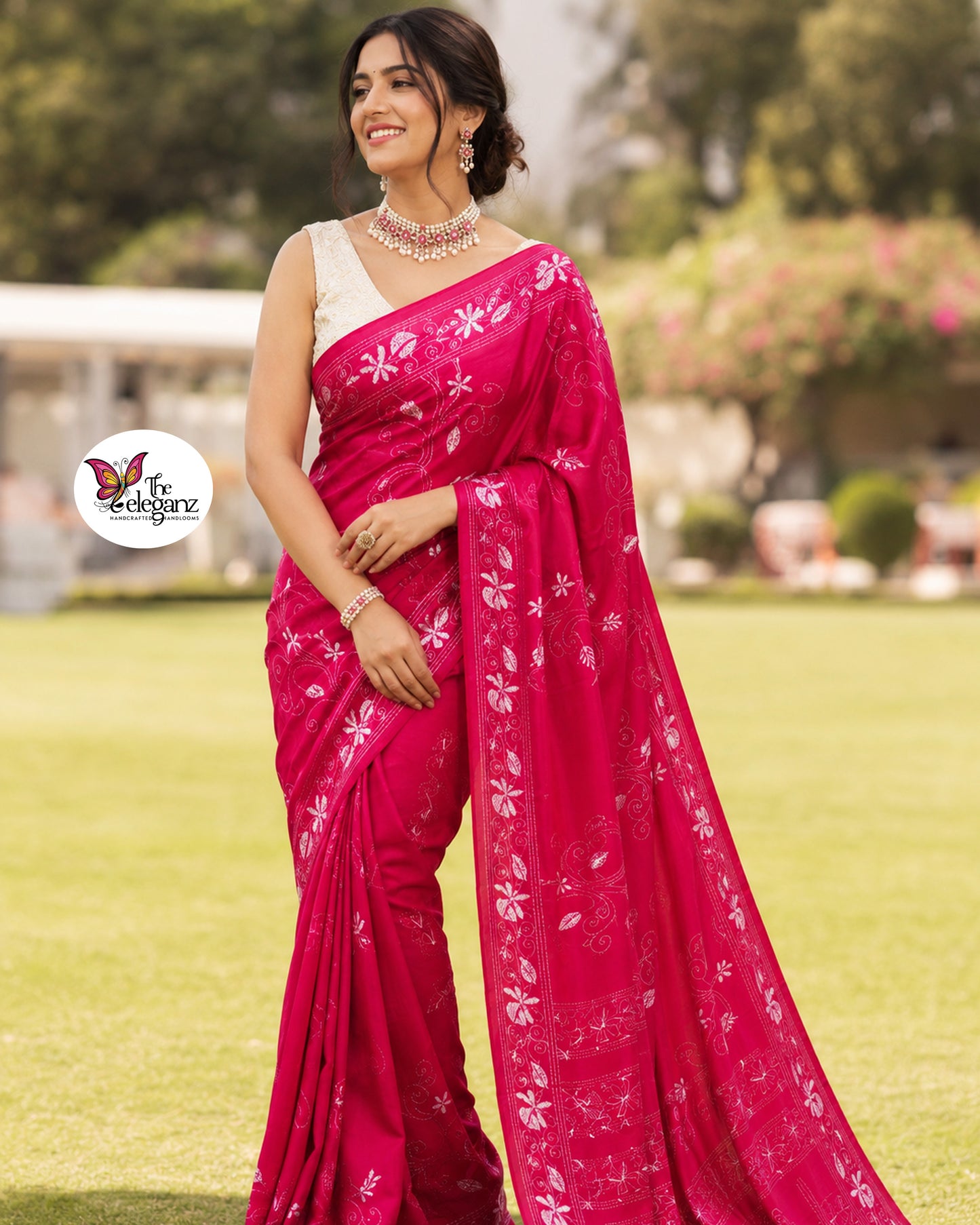 Ranganika Blended Bangalore Silk Kantha Saree (Hot Pink)