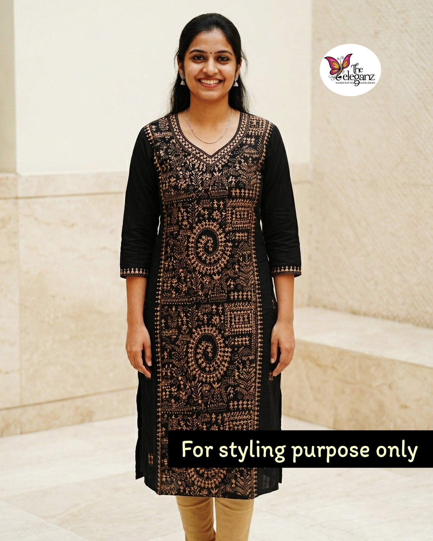 Nishitha – Black Warli Kantha Cotton Kurti Piece