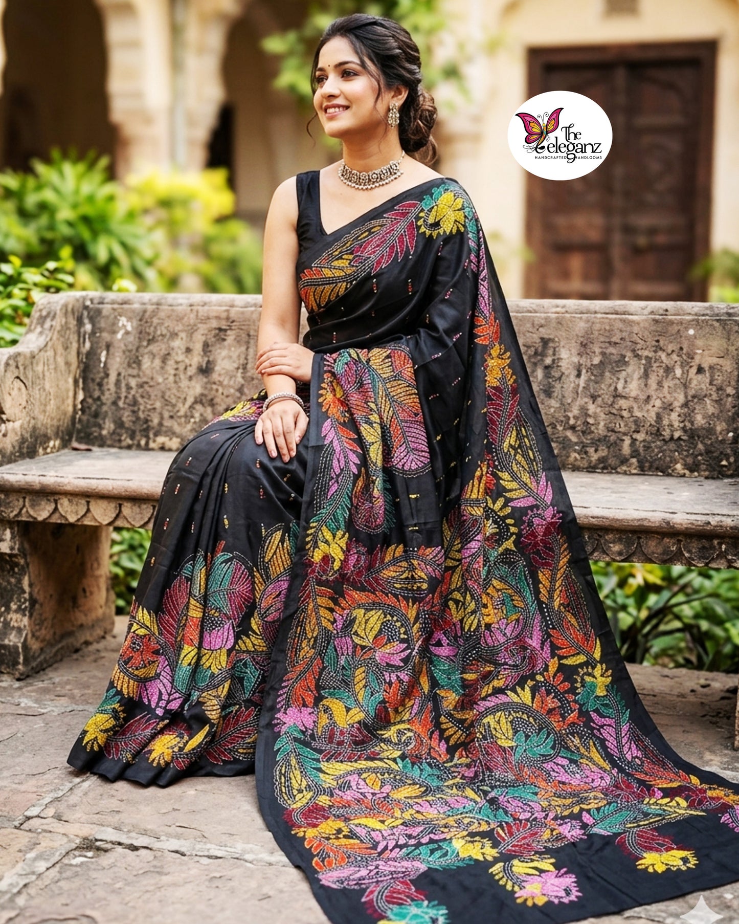 Woman draped in a black blended Bangalore silk saree featuring colourful Padma Kantha embroidery with lotus flowers, vines, and traditional Bengali motifs