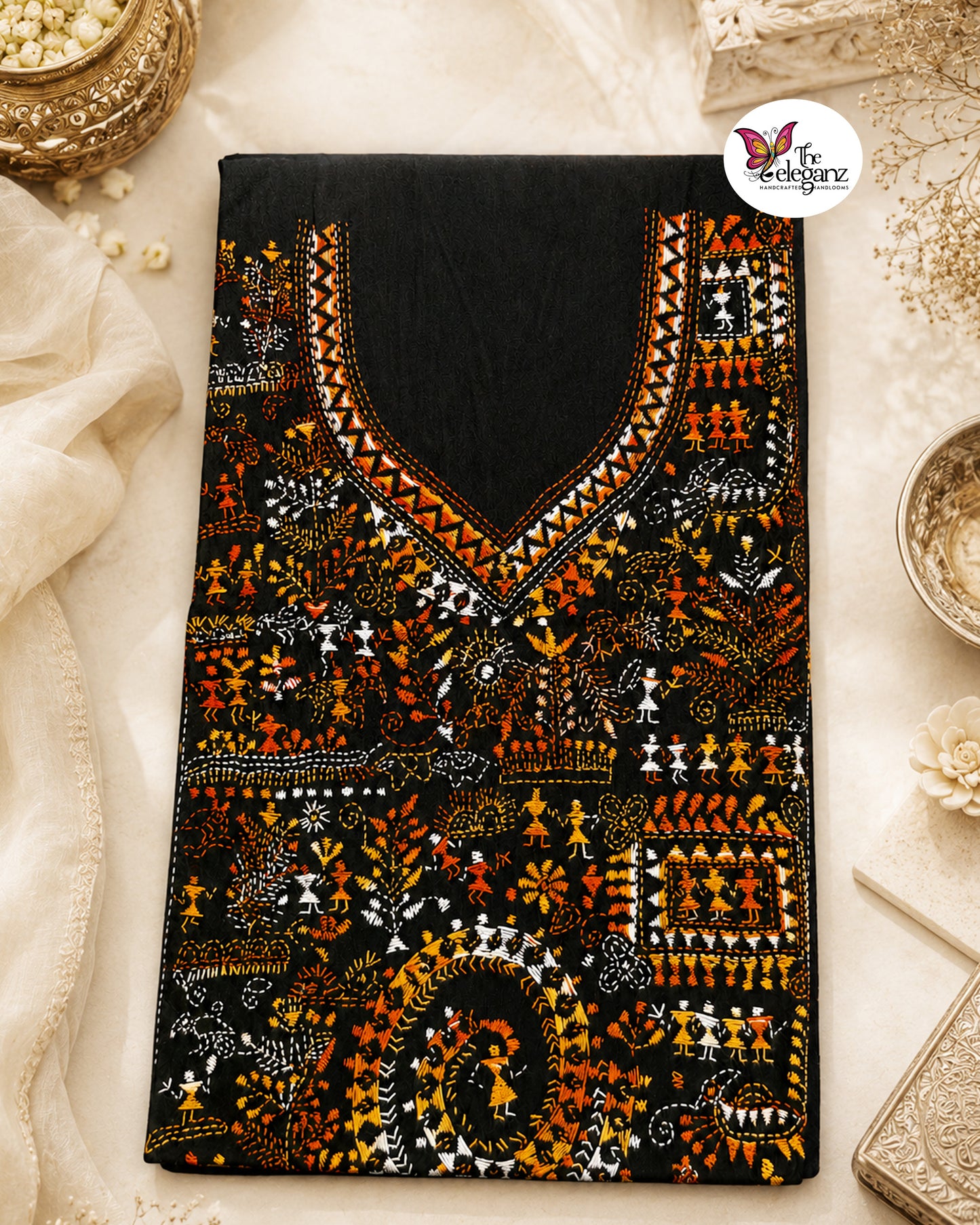 Bonolota - Authentic Warli-Inspired Kantha Work Cotton Kamiz Piece