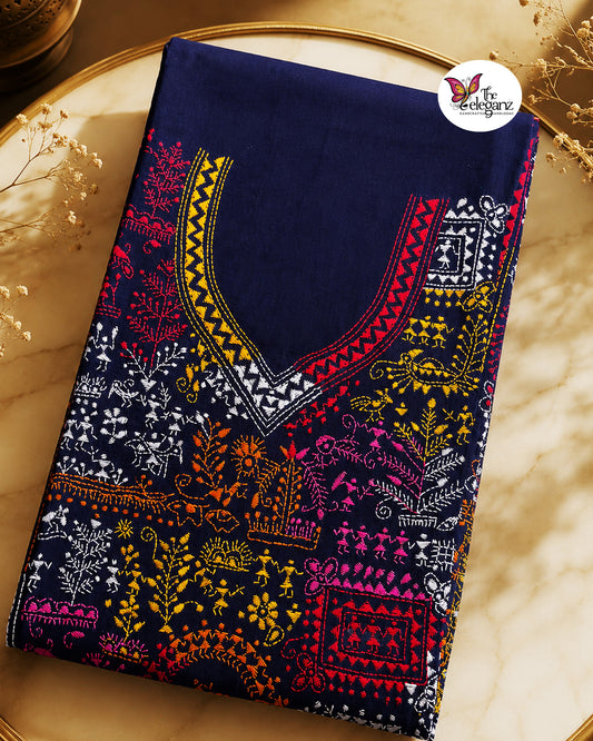 Chandrabali - Authentic Warli-Inspired Kantha Work Cotton Kamiz Piece