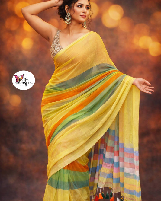 Rongobati Mul Cotton Rainbow Checks Saree