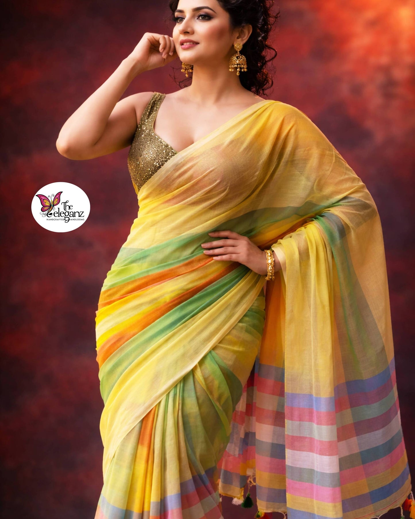 Rongobati Mul Cotton Rainbow Checks Saree