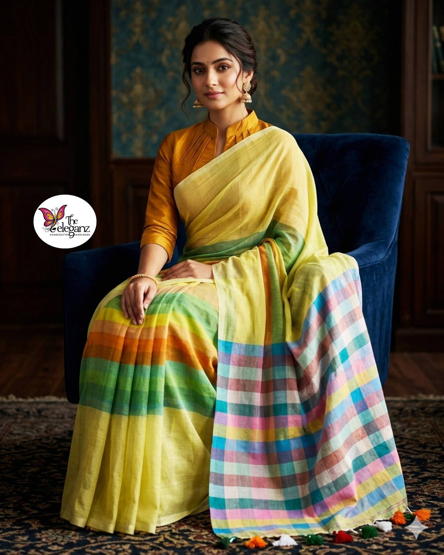 Rongobati Mul Cotton Rainbow Checks Saree