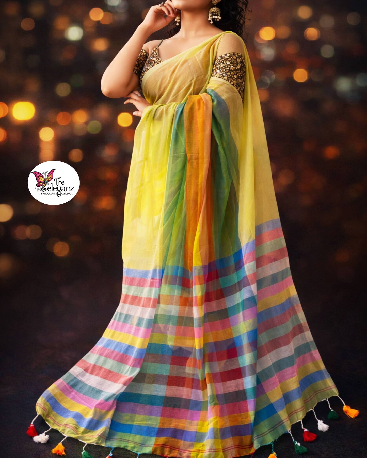 Rongobati Mul Cotton Rainbow Checks Saree