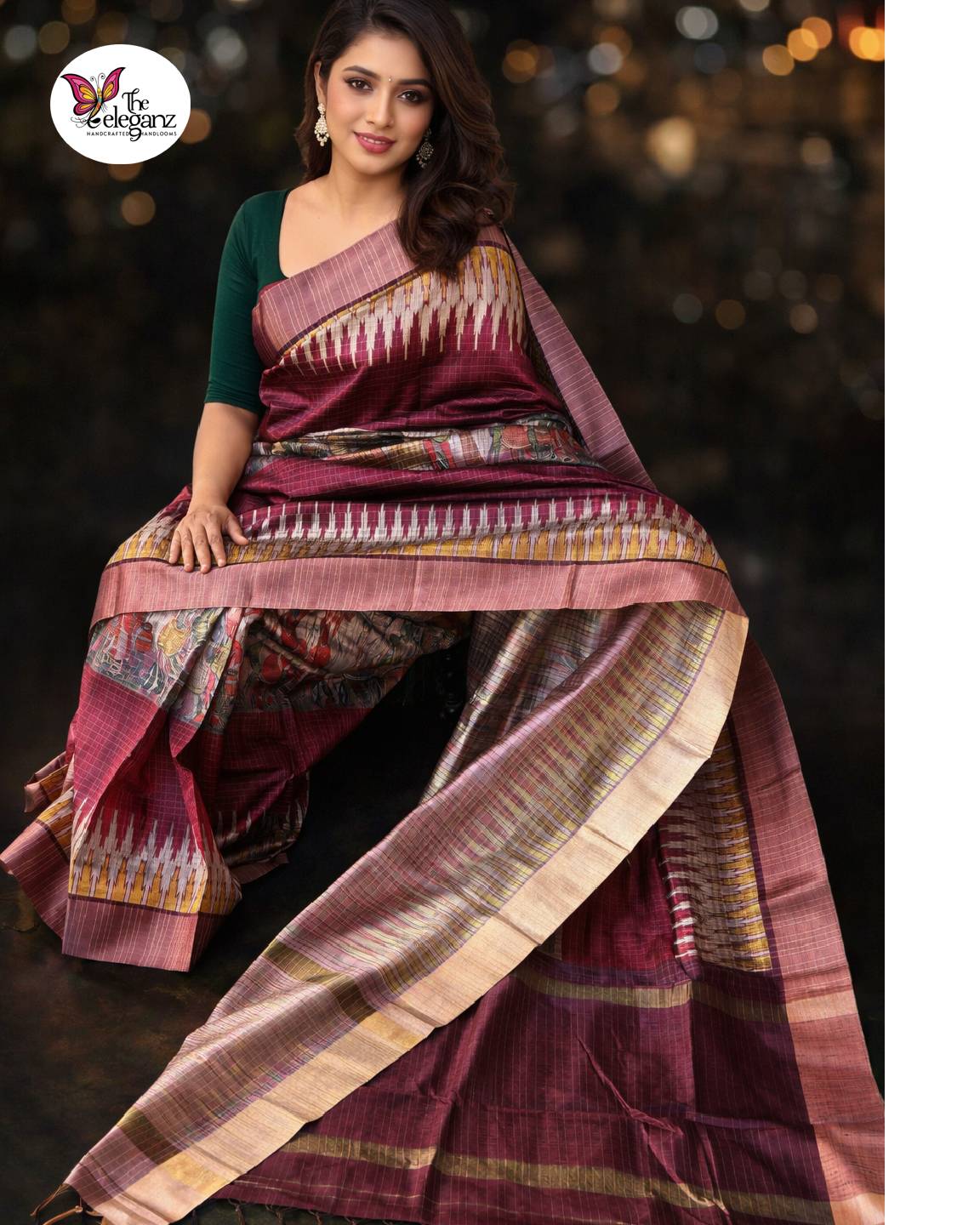 Vanyara Wine Semi Tussar Silk Checks Saree