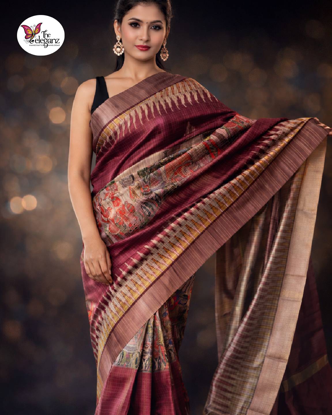 Vanyara Wine Semi Tussar Silk Checks Saree