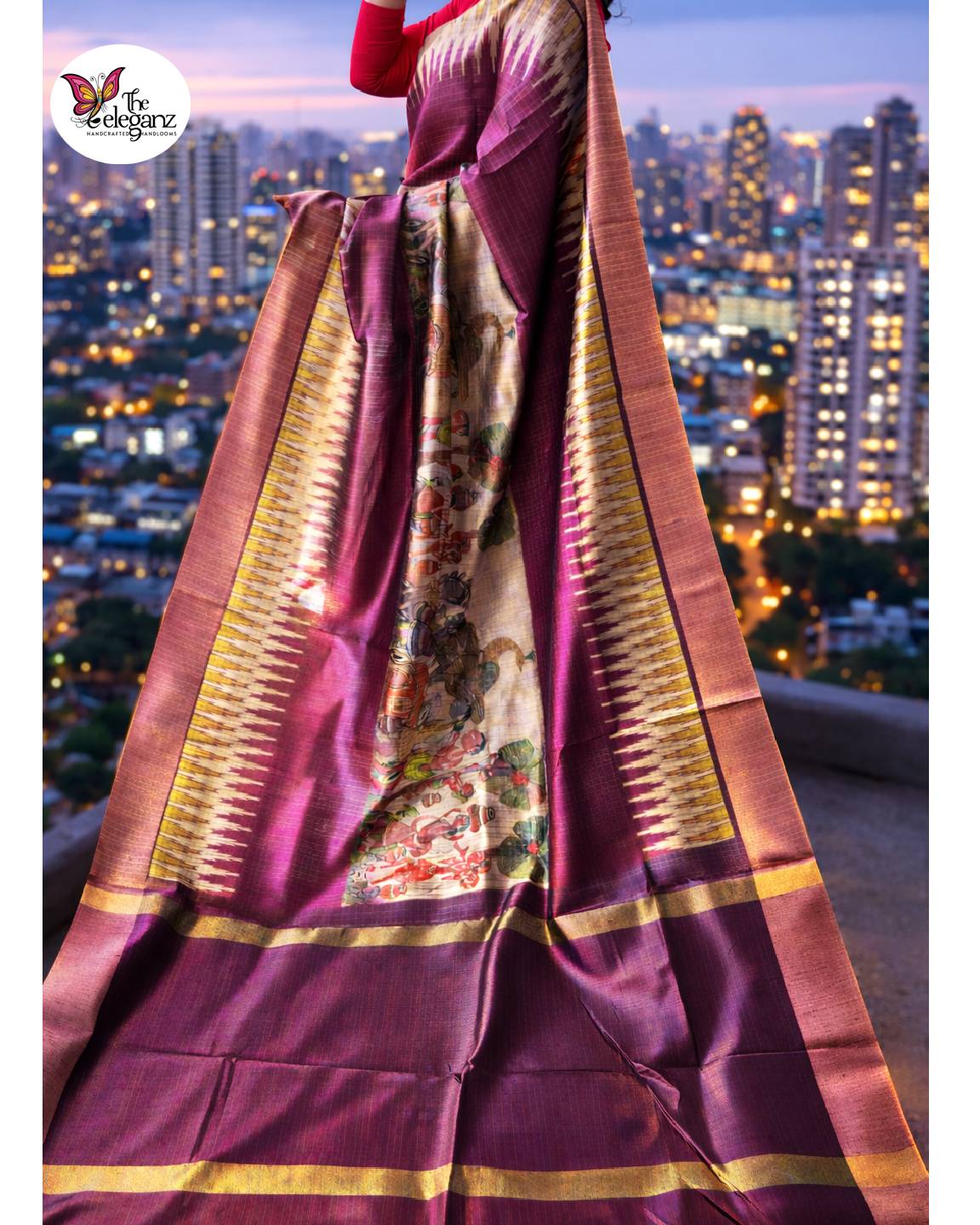 Vanyara Wine Semi Tussar Silk Checks Saree