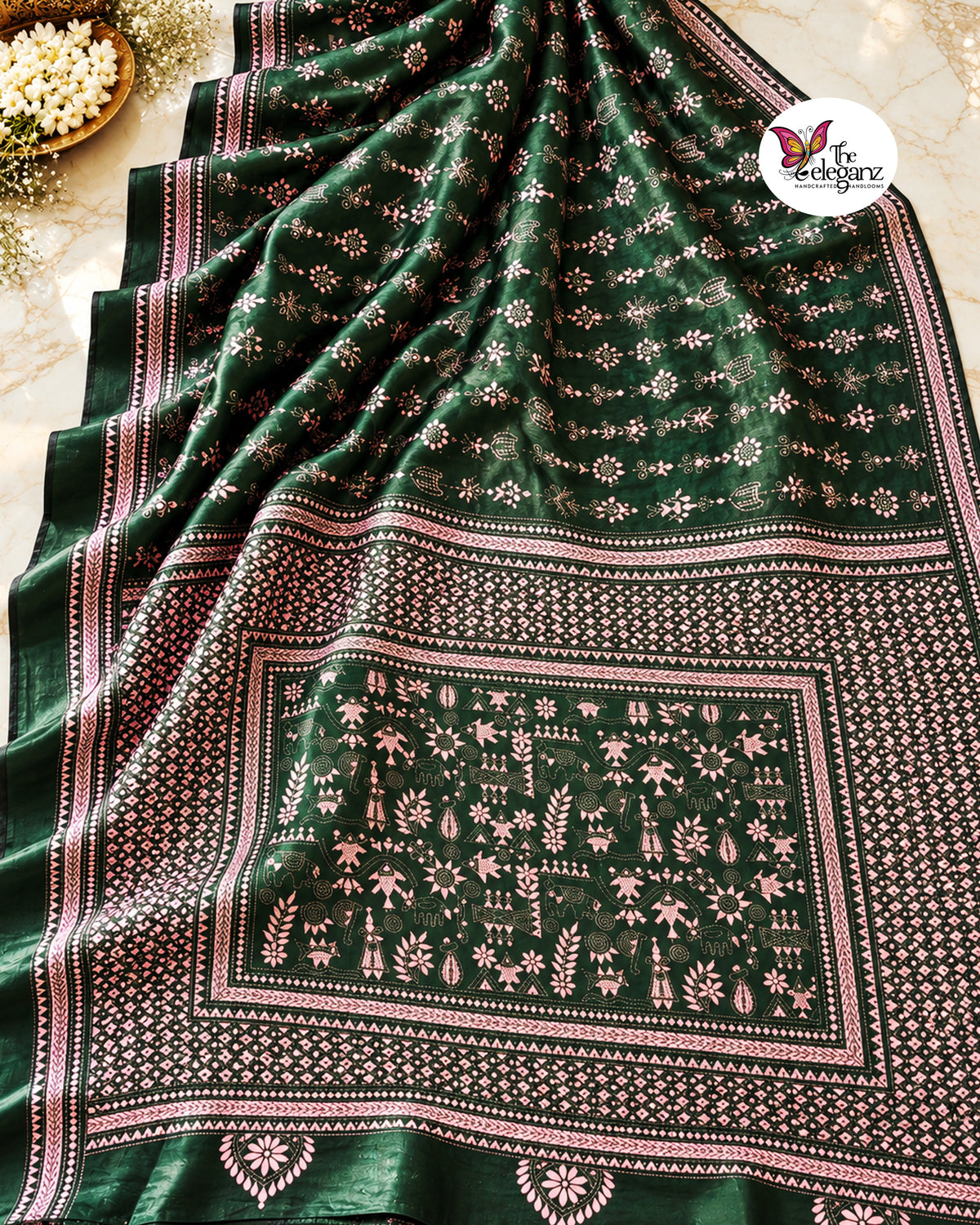 Banolota – Bottle Green Warli Folk Kantha Blended Bangalore Silk Saree