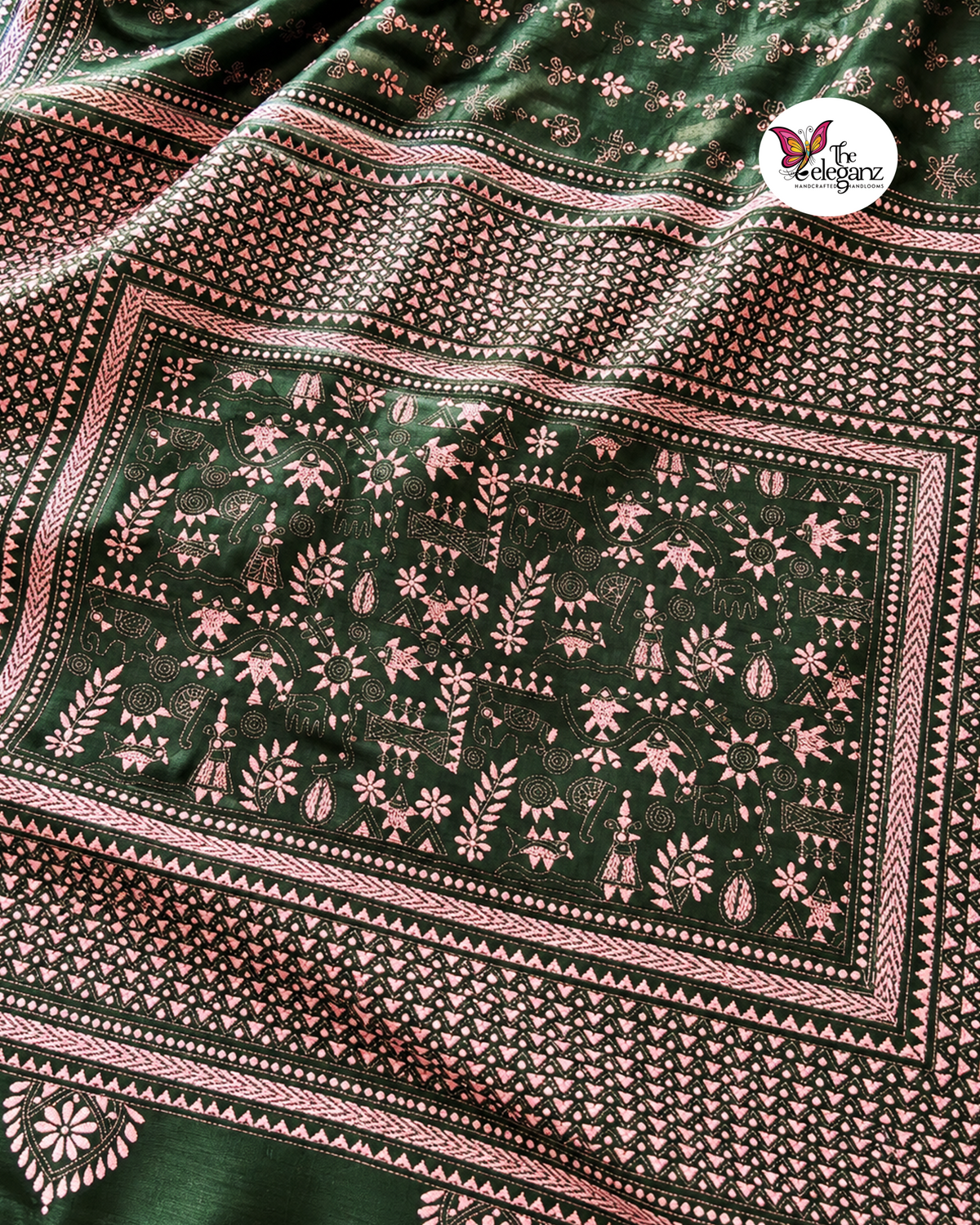 Banolota – Bottle Green Warli Folk Kantha Blended Bangalore Silk Saree