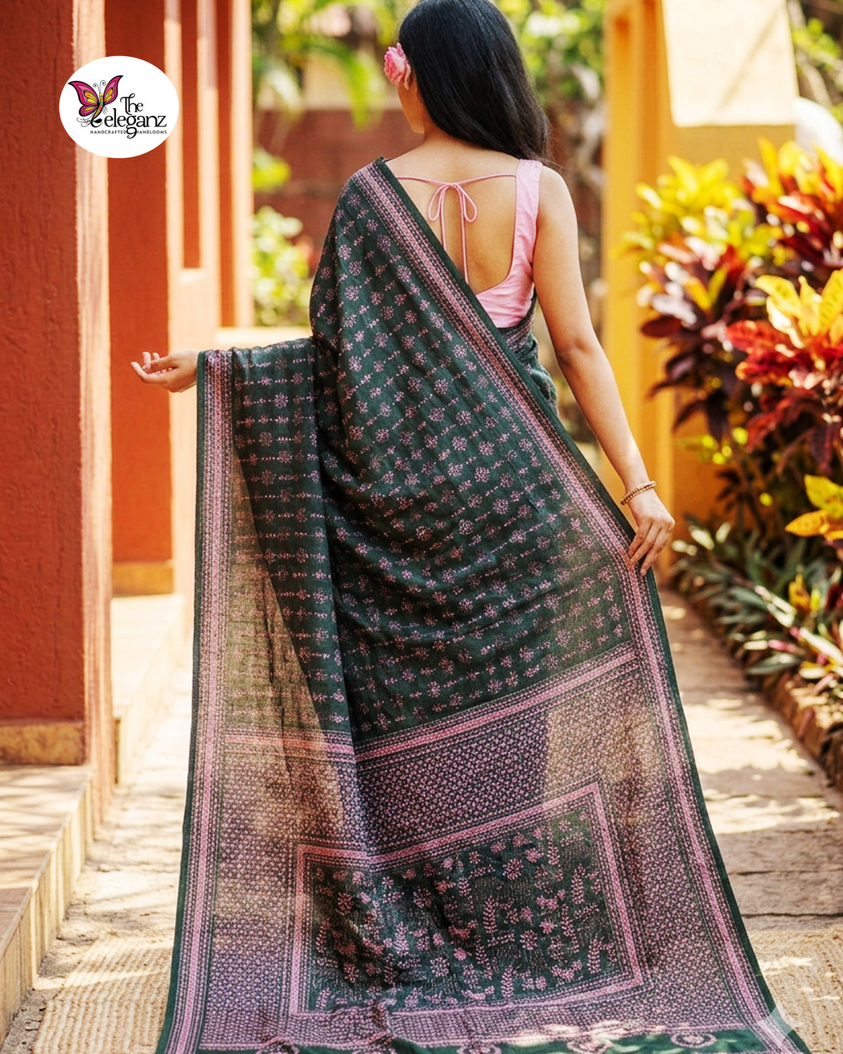 Banolota – Bottle Green Warli Folk Kantha Blended Bangalore Silk Saree