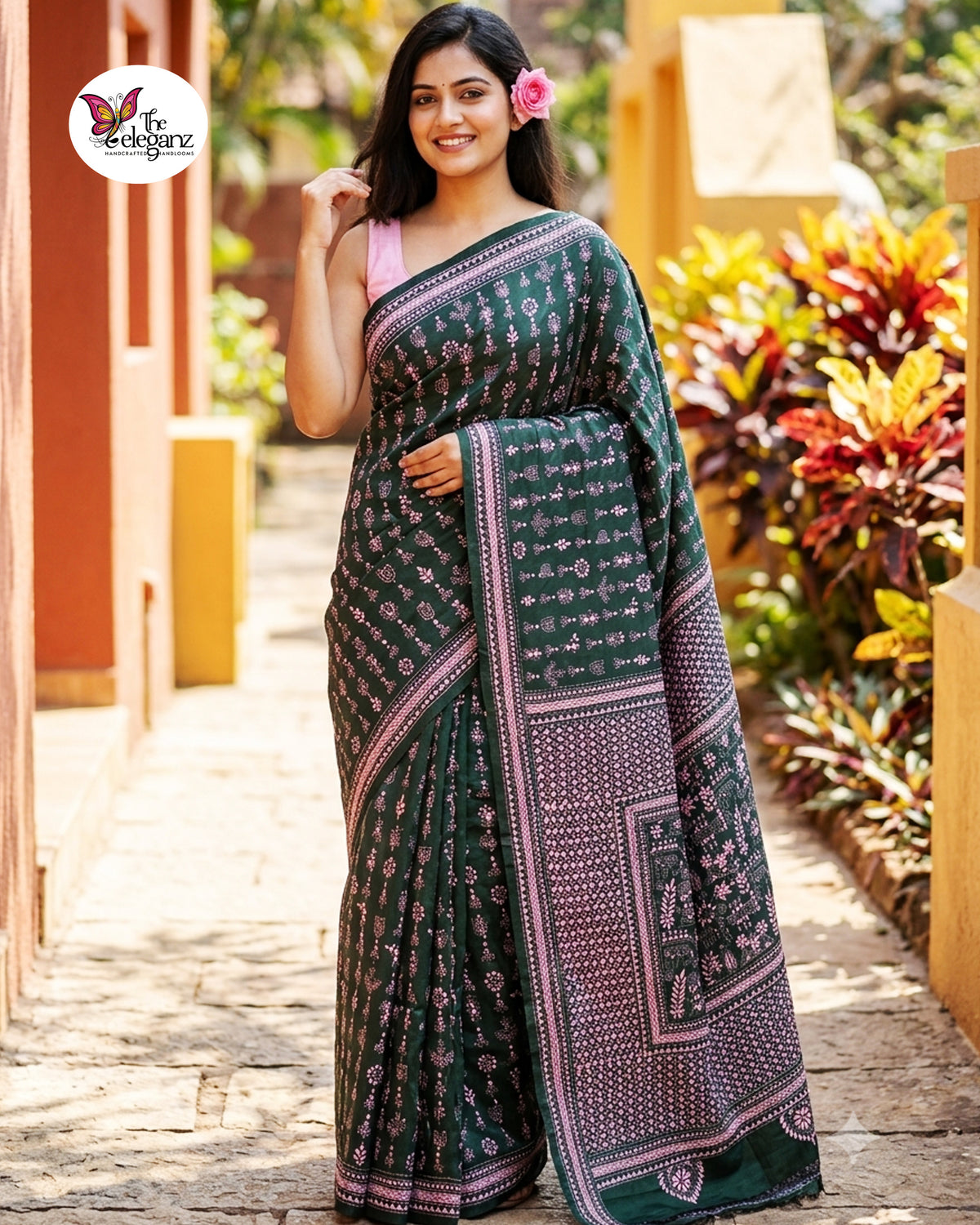 Banolota – Bottle Green Warli Folk Kantha Blended Bangalore Silk Saree