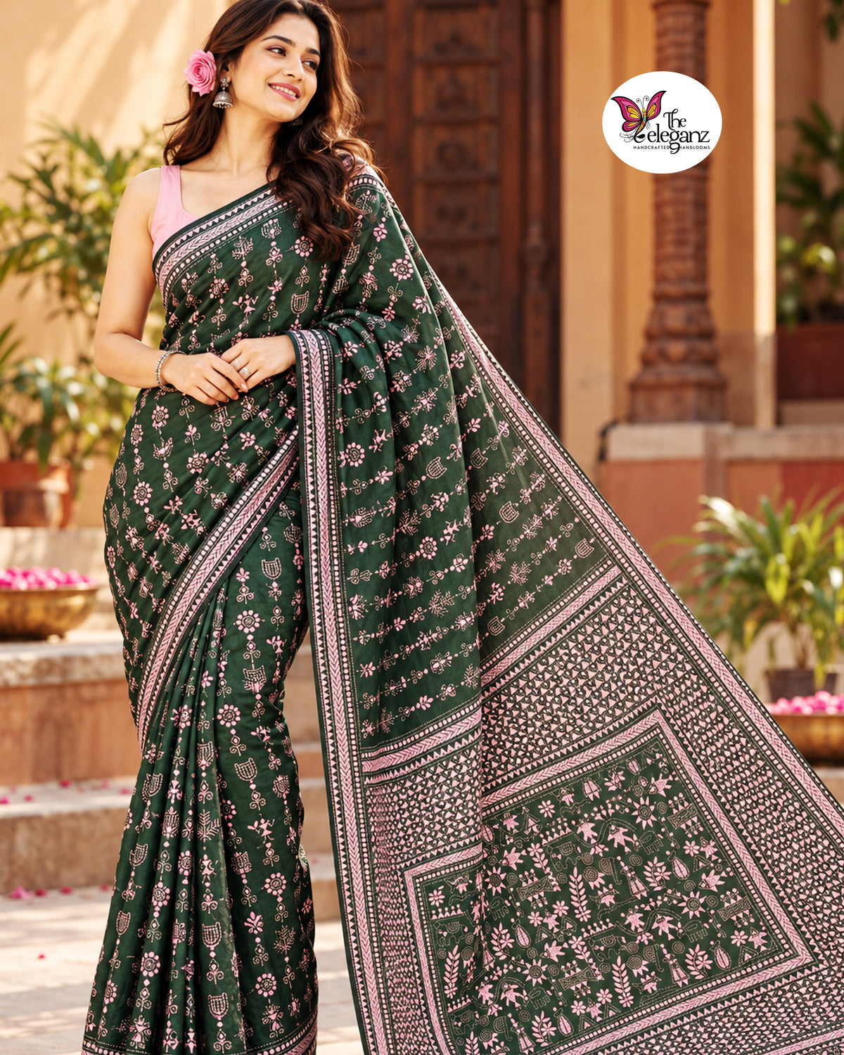 Banolota – Bottle Green Warli Folk Kantha Blended Bangalore Silk Saree