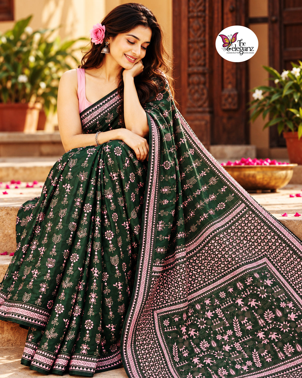 Banolota – Bottle Green Warli Folk Kantha Blended Bangalore Silk Saree