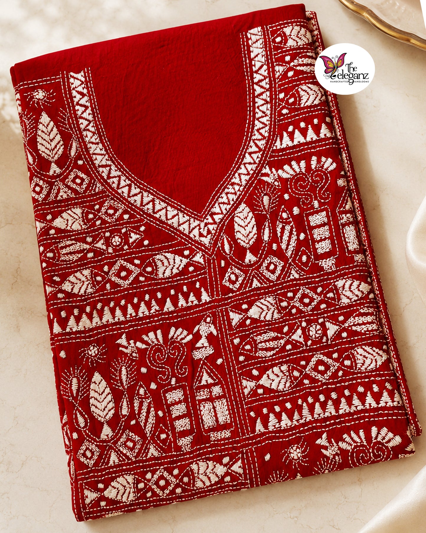 Matsyika – Maroon Red Fish Motif Kantha Cotton Kurti Piece