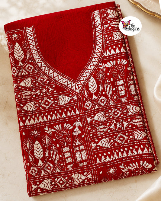 Matsyika – Maroon Red Fish Motif Kantha Cotton Kurti Piece