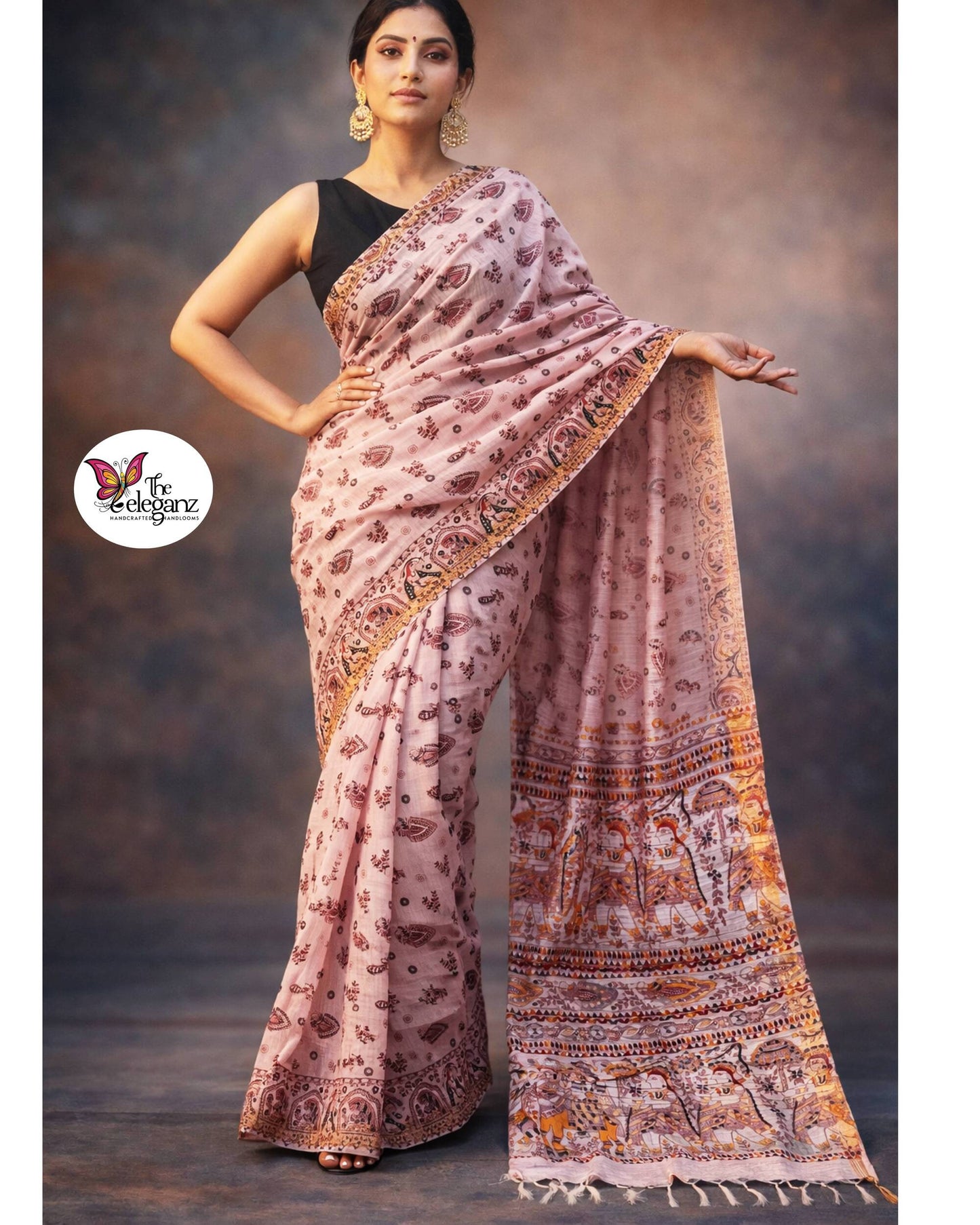 Madhubani Varnika Bhagalpuri cotton silk saree (Light Pink)