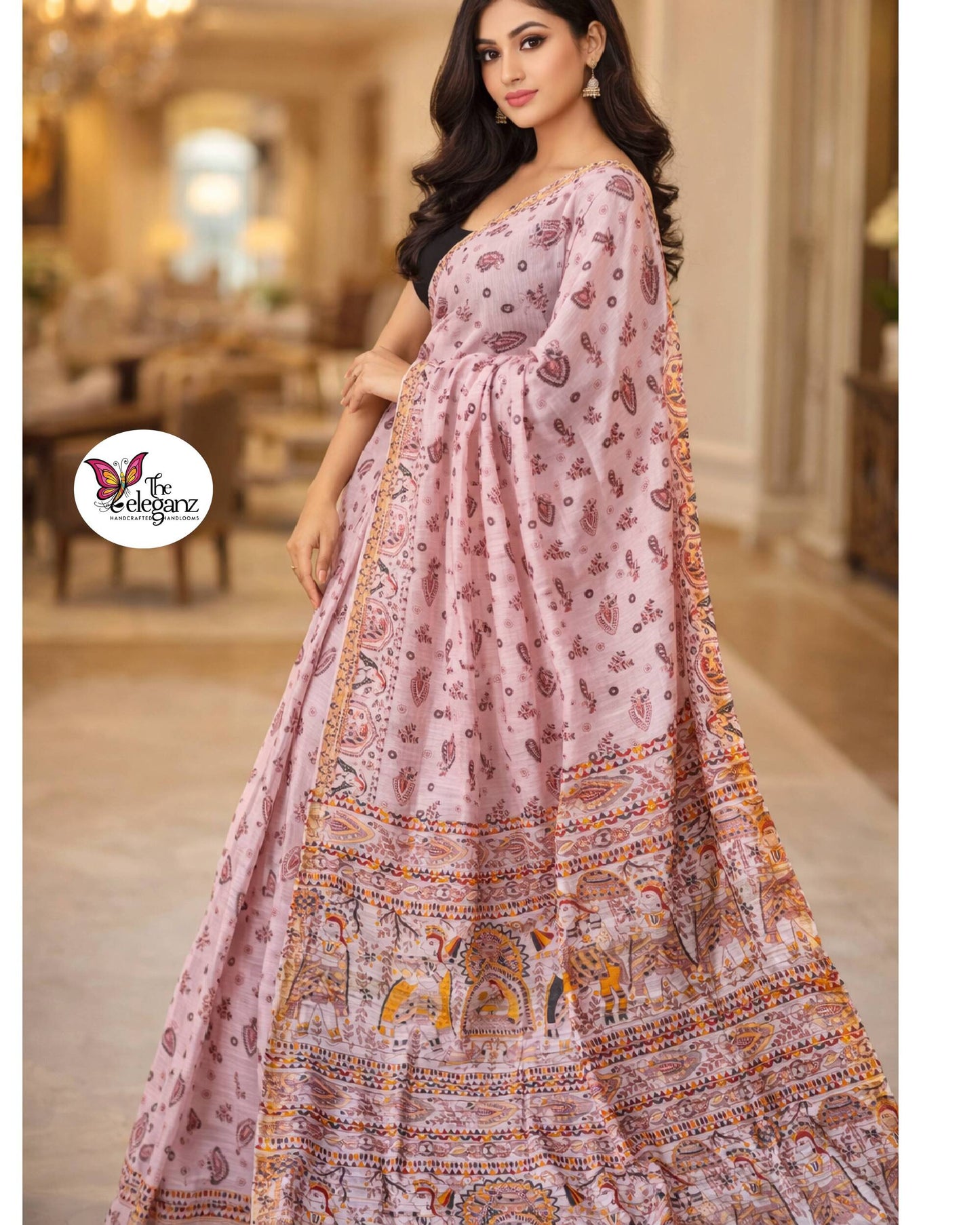 Madhubani Varnika Bhagalpuri cotton silk saree (Light Pink)