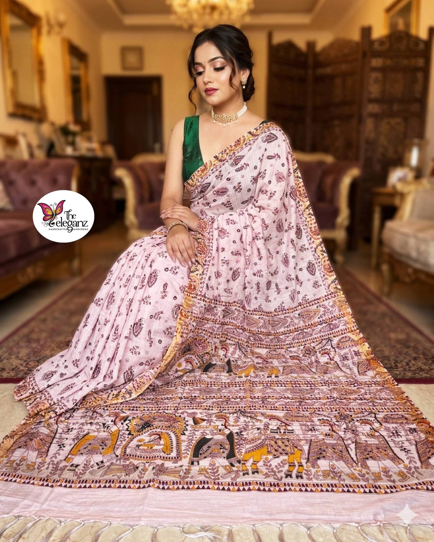 Madhubani Varnika Bhagalpuri cotton silk saree (Light Pink)