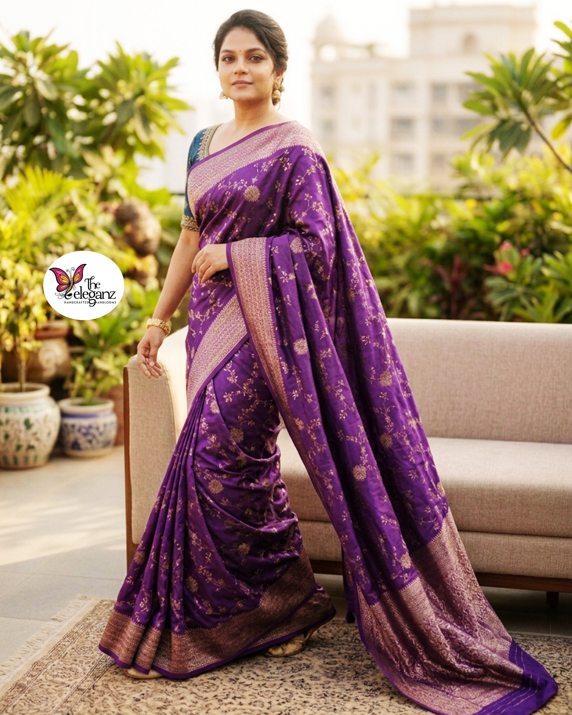 Woman draped in royal purple Semi Mashroo Silk Banarasi saree with floral gold zari weaving and rich Banarasi pallu.