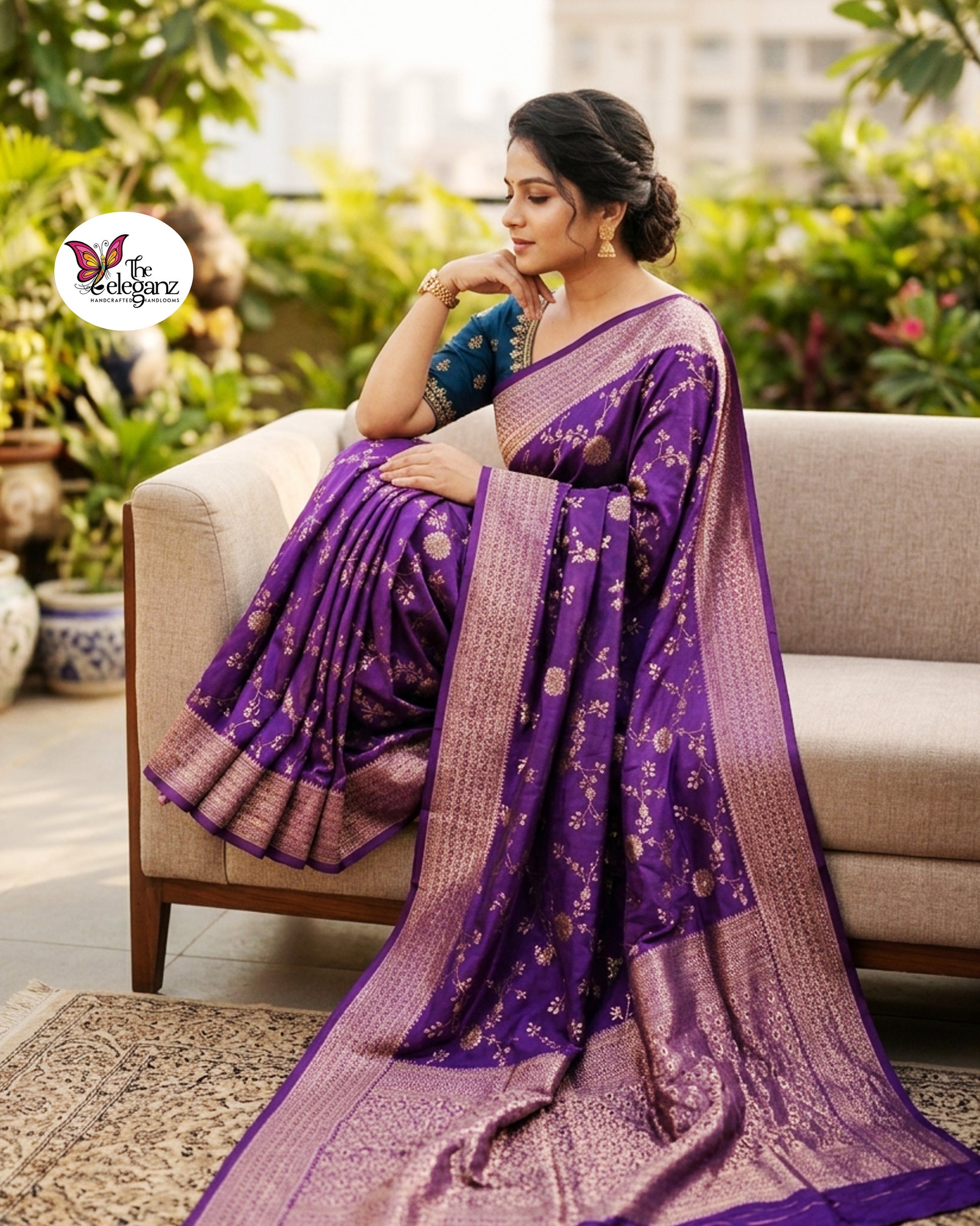 Woman draped in royal purple Semi Mashroo Silk Banarasi saree with floral gold zari weaving and rich Banarasi pallu.