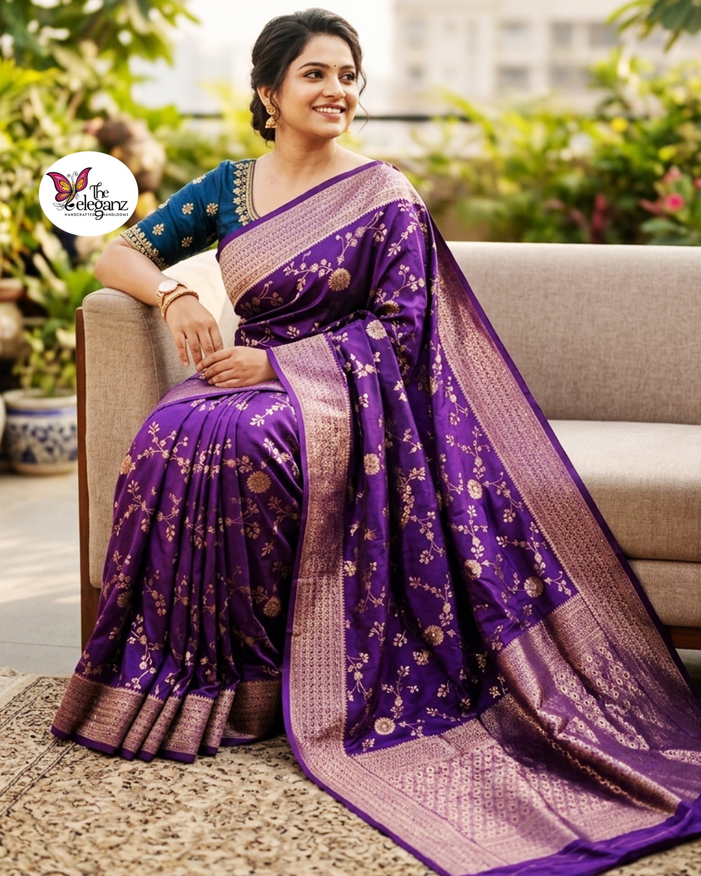 Woman draped in royal purple Semi Mashroo Silk Banarasi saree with floral gold zari weaving and rich Banarasi pallu.