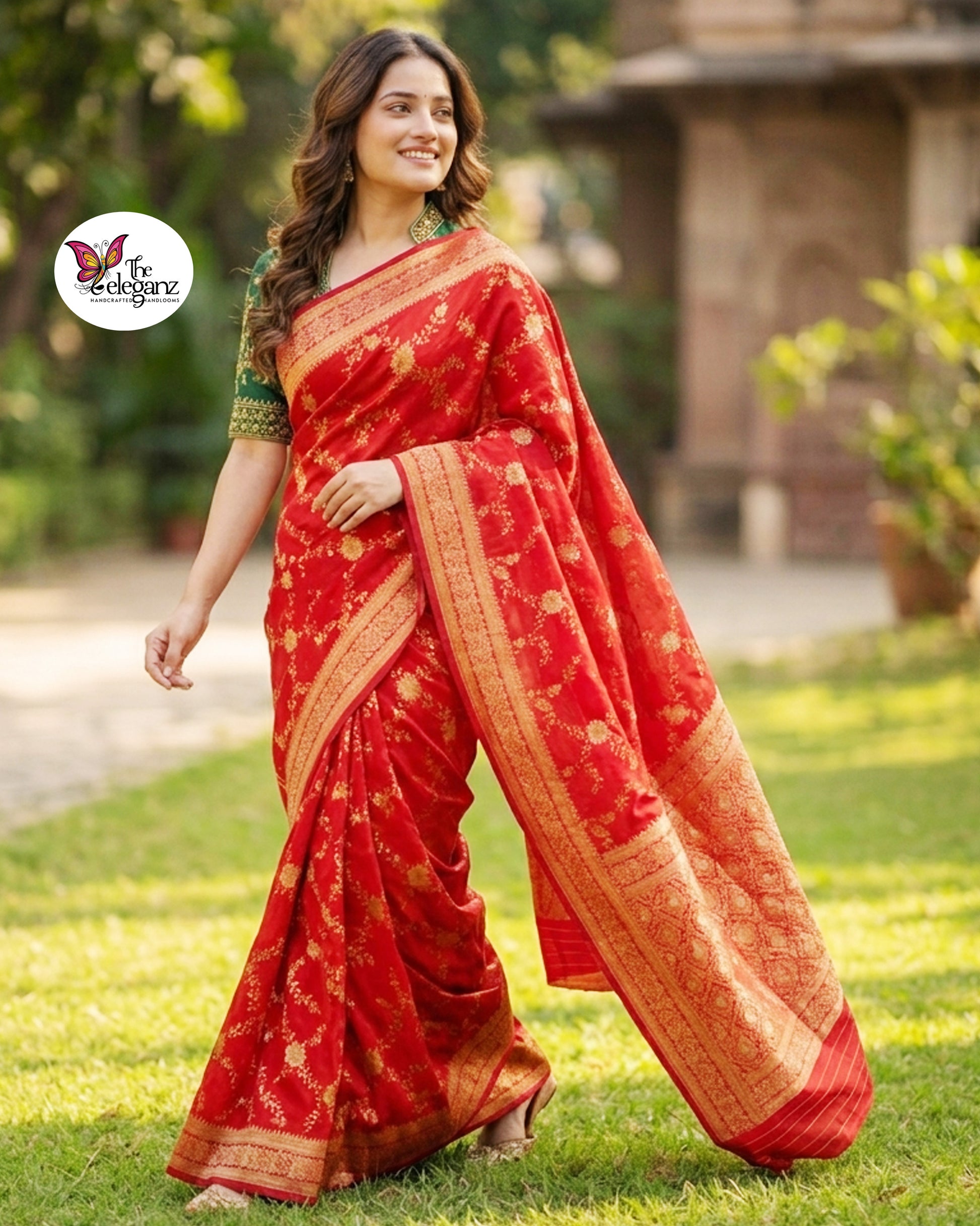 Woman draped in vermilion red Semi Mashroo Katan Silk Banarasi saree featuring floral gold zari weaving and richly woven Banarasi paisley pallu.