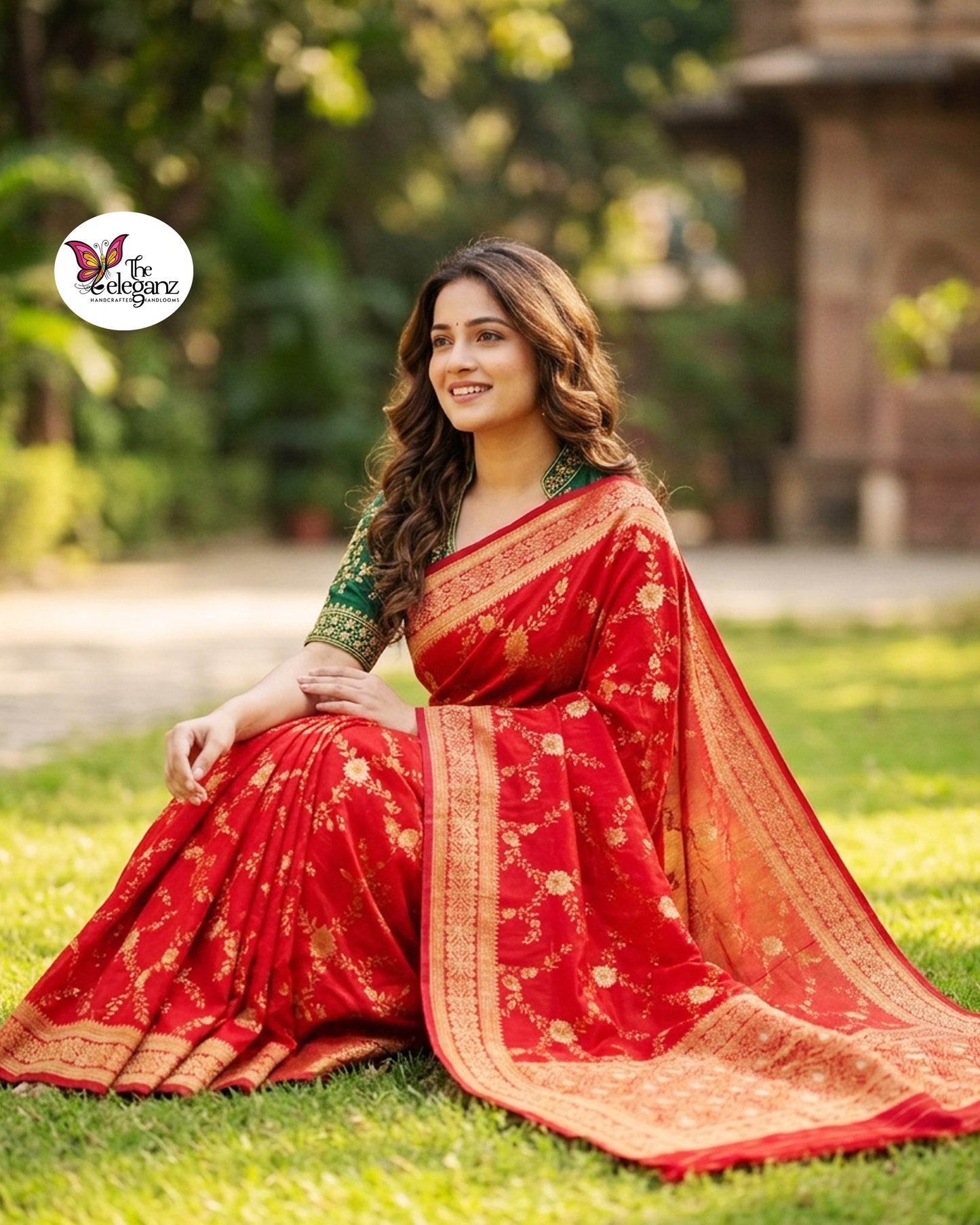 Woman draped in vermilion red Semi Mashroo Katan Silk Banarasi saree featuring floral gold zari weaving and richly woven Banarasi paisley pallu.