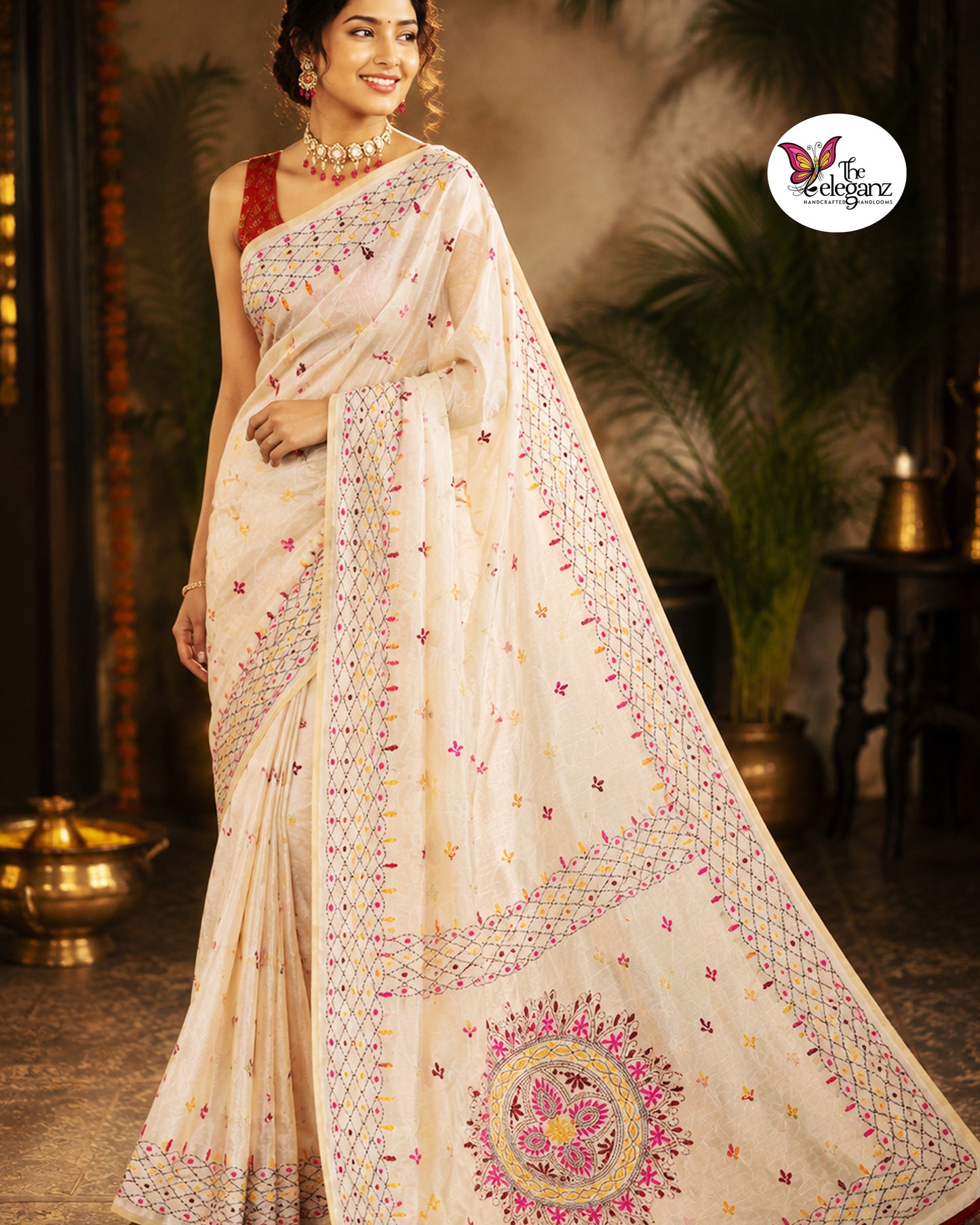 Woman draped in an ivory white embroidered semi silk saree featuring multicolour floral motifs, geometric borders, and an ornate embroidered pallu design.