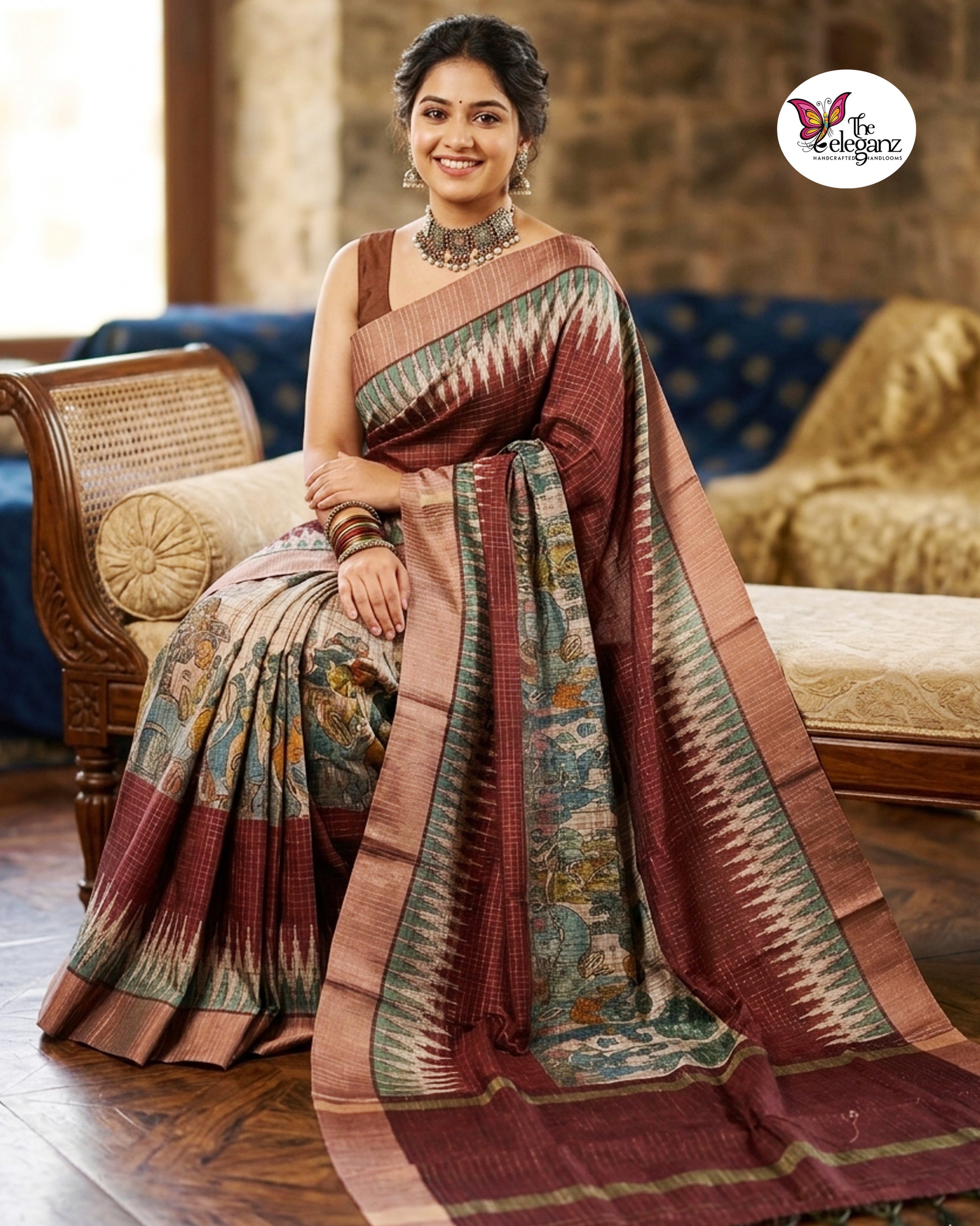 Woman draped in a checked maroon semi tussar silk saree featuring heritage-inspired print work with peacock, royal, and folk-art motifs on the pallu.