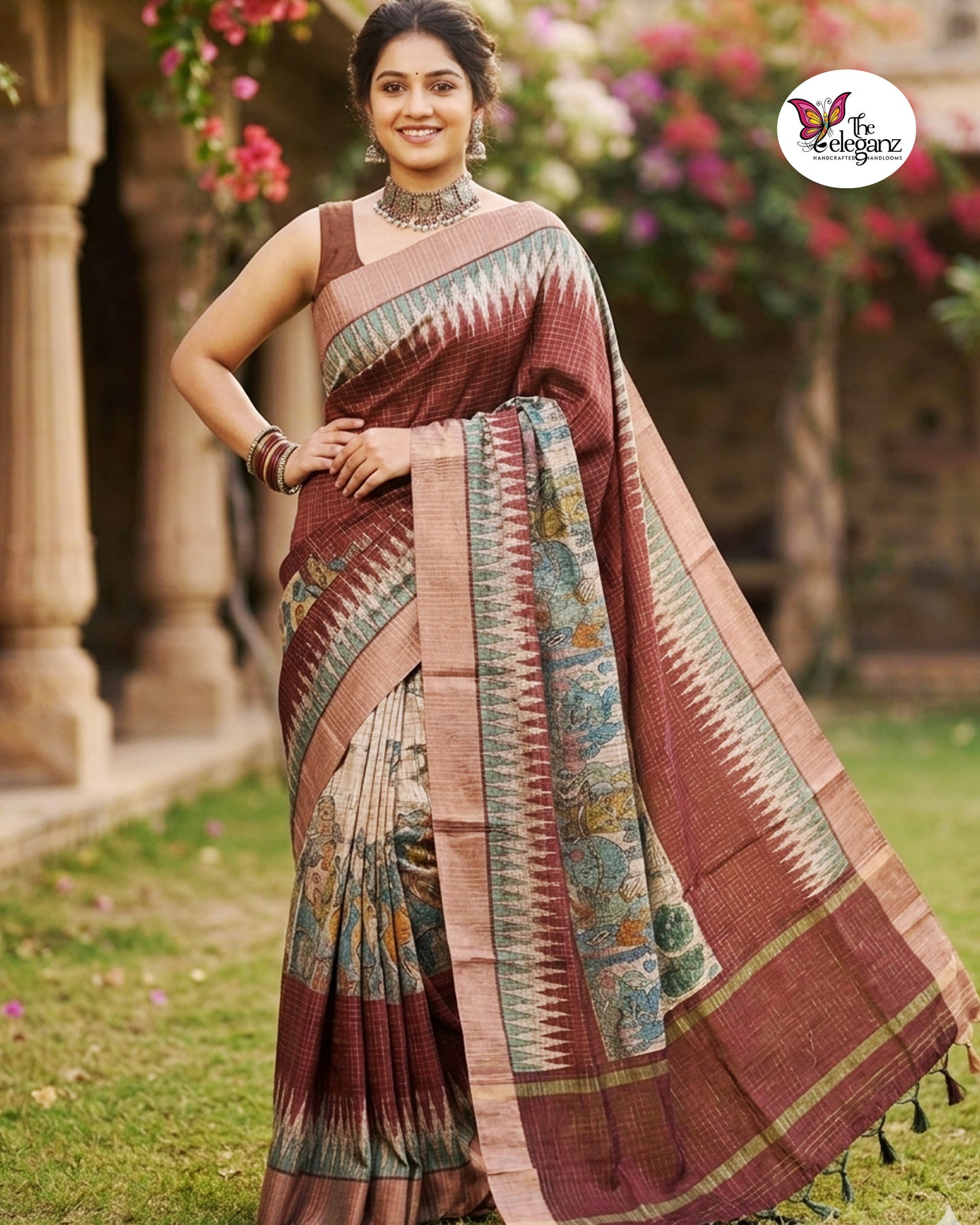 Woman draped in a checked maroon semi tussar silk saree featuring heritage-inspired print work with peacock, royal, and folk-art motifs on the pallu.