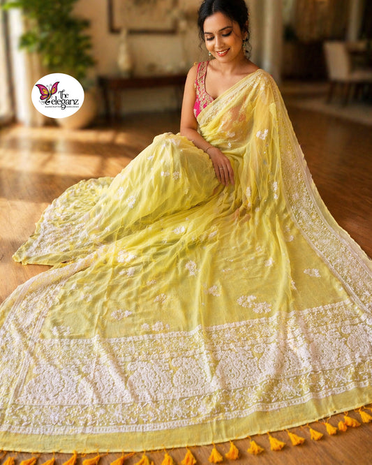 Sunflower Mul Cotton Chikankari Saree