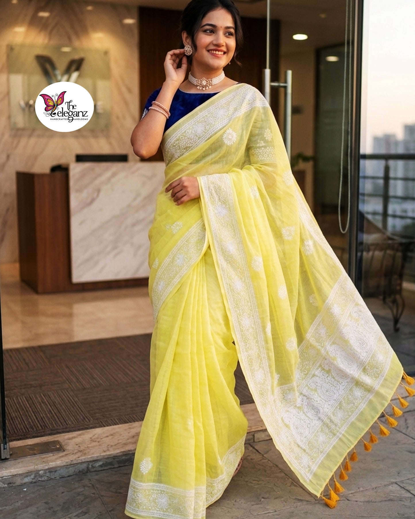 Sunflower Mul Cotton Chikankari Saree