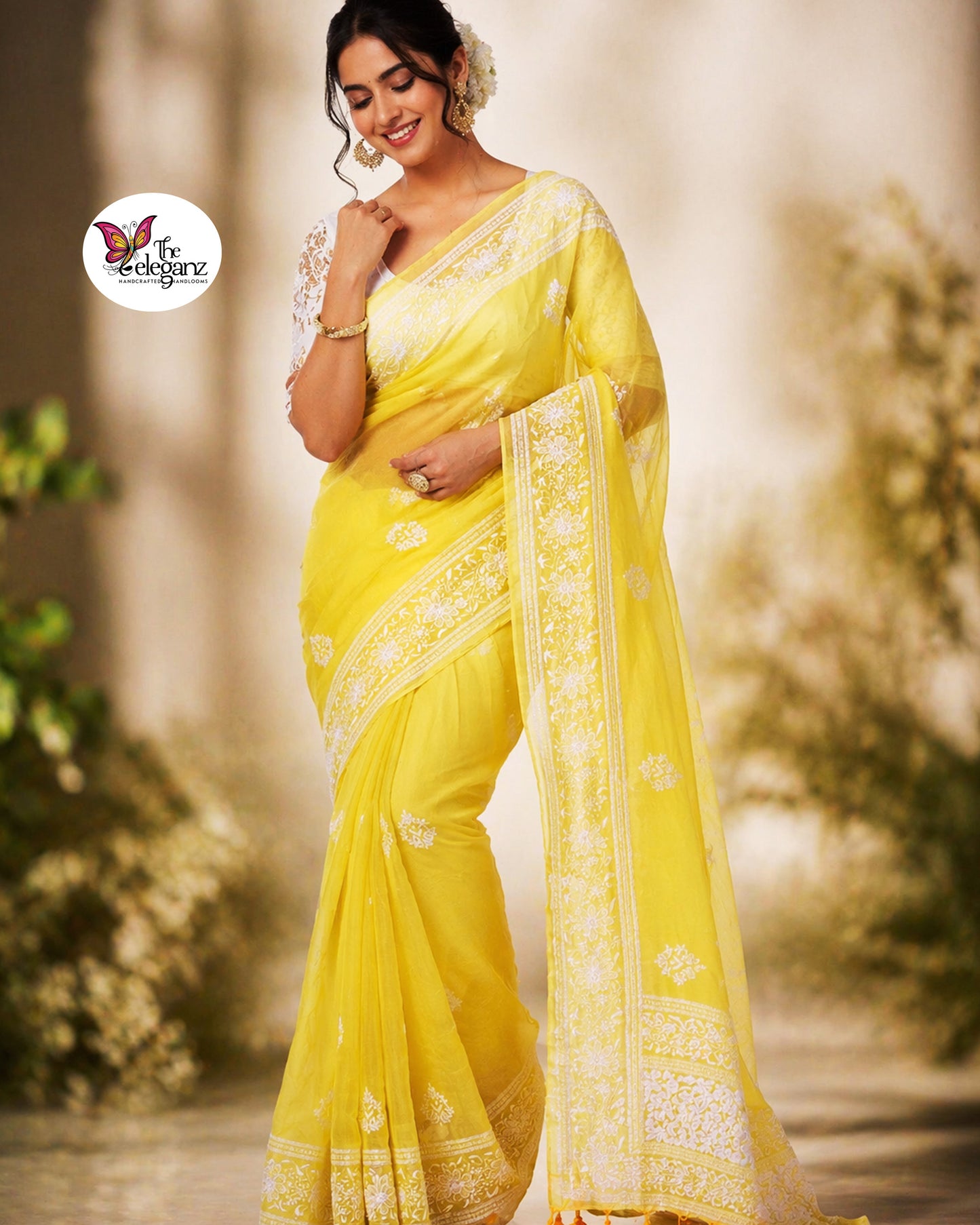 Sunflower Mul Cotton Chikankari Saree